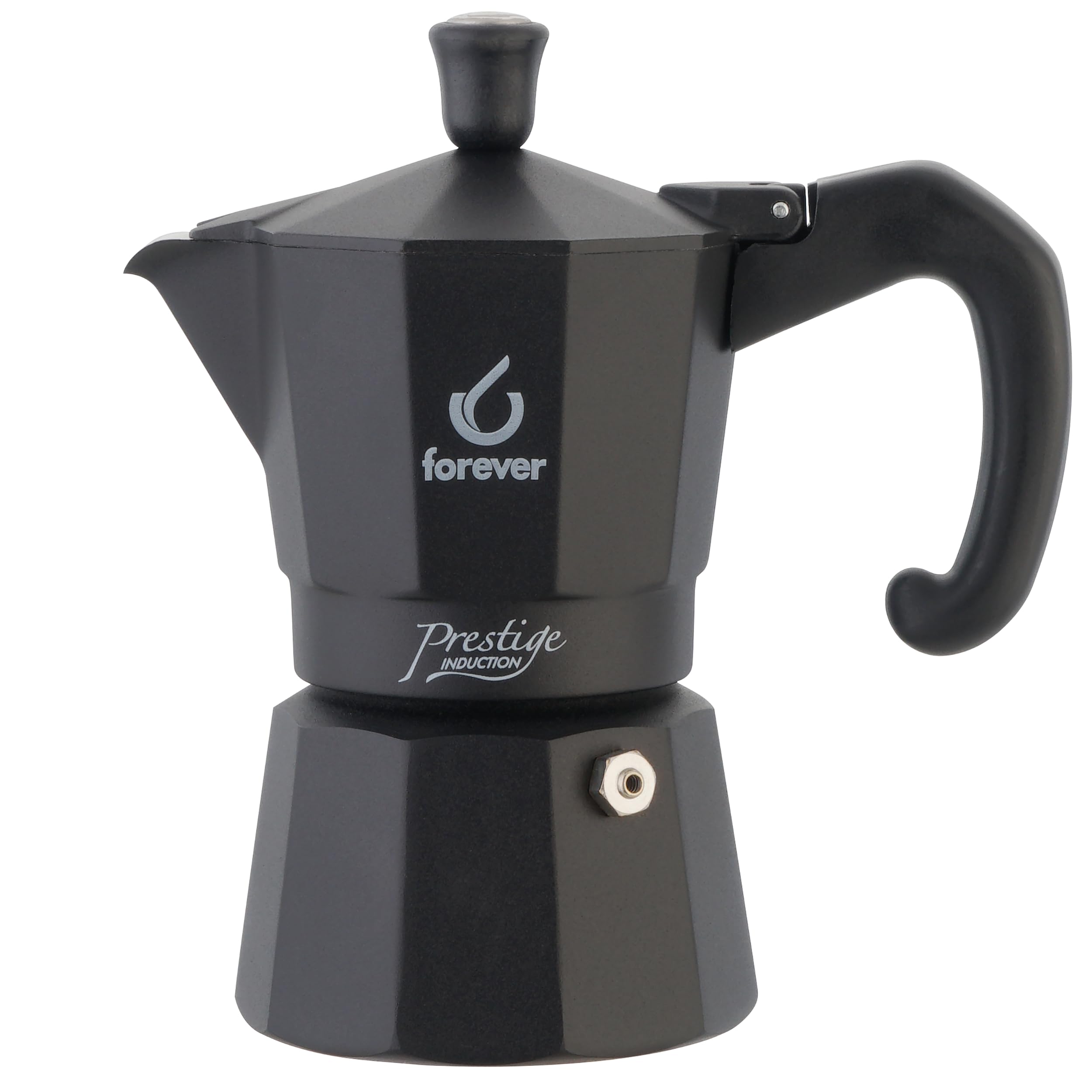 FOREVER Caffettiera Moka per Induzione, Miss Moka Prestige Induction 'All Black', Caffettiera Moka per Casa, Caffettiera Portatile per Viaggio, inclusa Guarnizione in Silicone (2 Tazze)