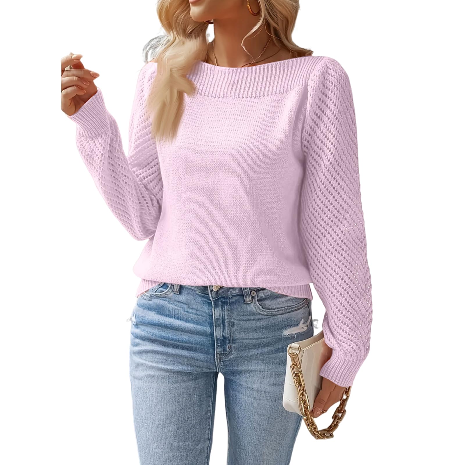 Cowl Neck Sweater for Women 2025 Long Sleeve Solid Color Sweaters Casual Outfits Puff Sleeve Knitted Pullover Jumper