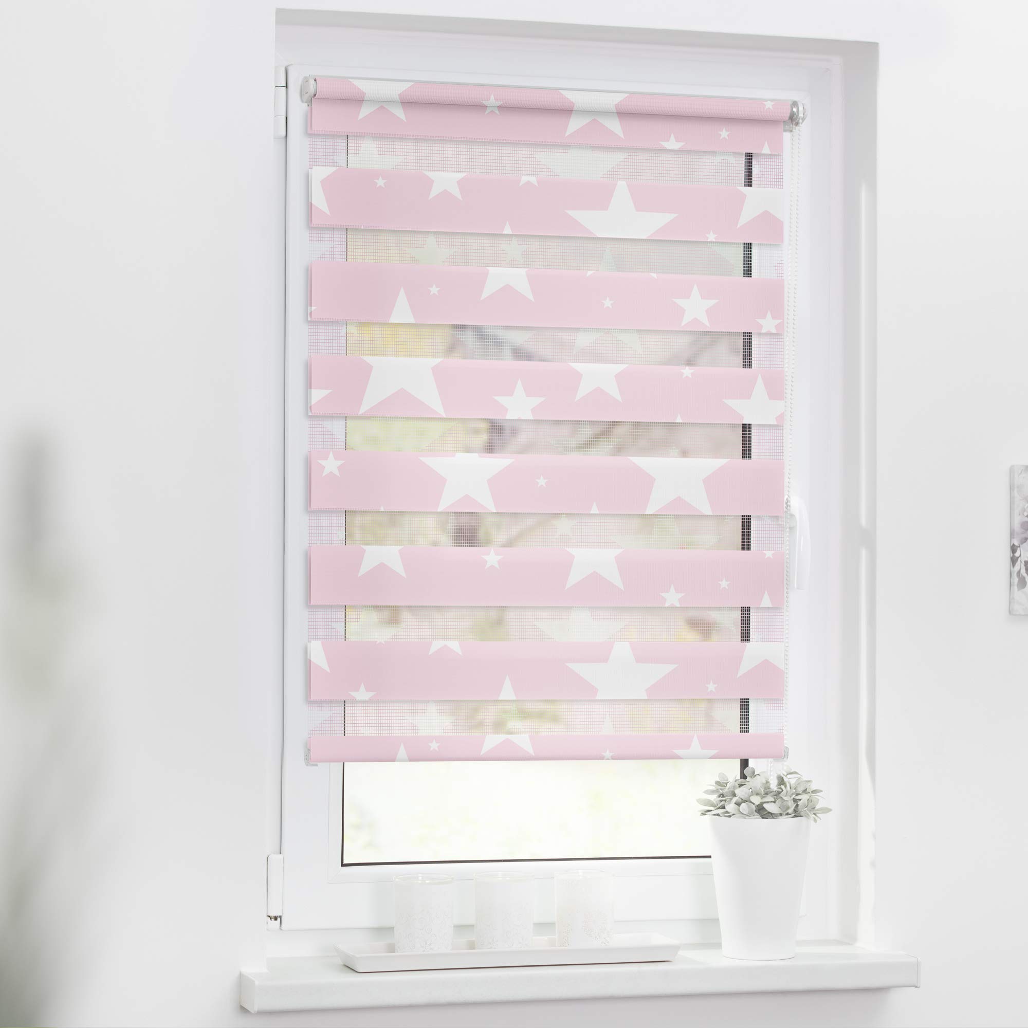 Lichtblick Doppelrollo Klemmfix ohne Bohren mit Motiv, Sterne, Blickdicht, Made in Germany, Klemmträger Rosa, 80 cm x 150 cm (B x L)