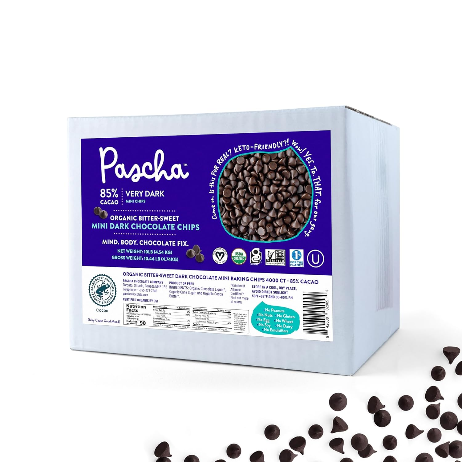 Pascha 85% cacao baking chips (10 lb) – organic, vegan, allergen-free