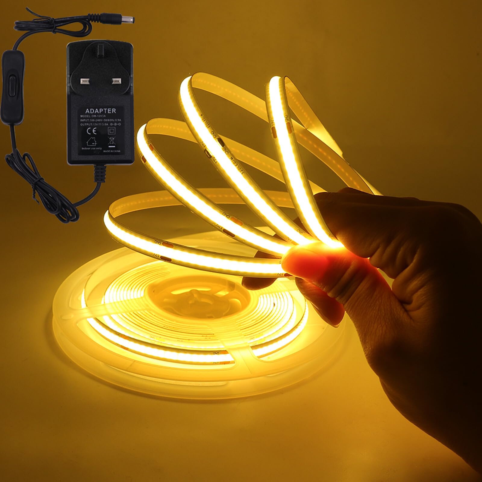 KAFULA 12V COB LED Strip Light with On/Off [1m, Warm White 3000-3500K], 320 LEDs/m Flexible FCOB LED Fairy Light CRI90+, Can be Cut Every 50mm, Bedroom Kitchen Patio Party Decoration