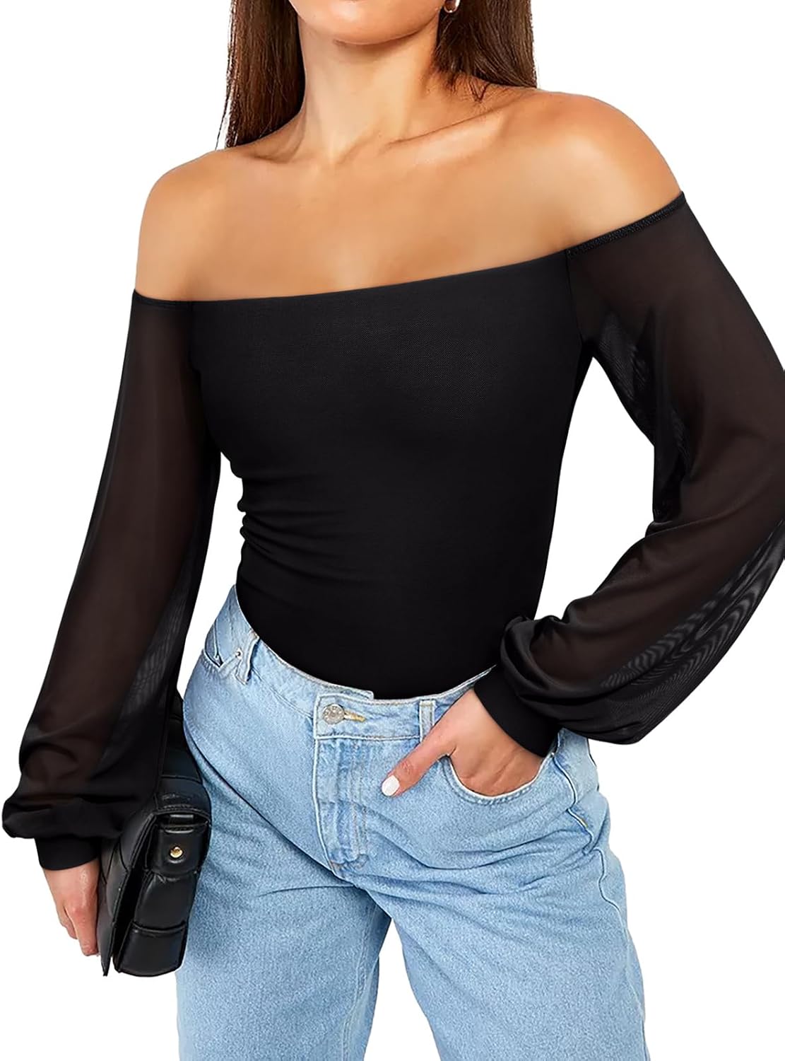 REORIA Womens Off The Shoulder Sheer Mesh Puff Long Sleeve Thong Bodysuit Tops - Image 2