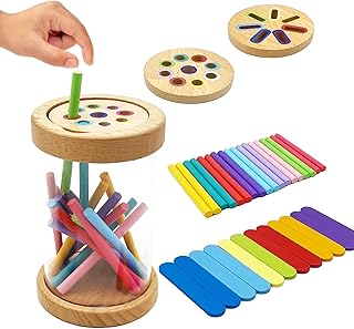 Montessori Wooden Stick Color Sorting Toys for 3 Year Old, Dual Play Educational Preschool Learning Fine Motor Skills Sensory Toys for Toddlers 3-5 Girl Boy Birthday Gifts (Acrylic Bucket)