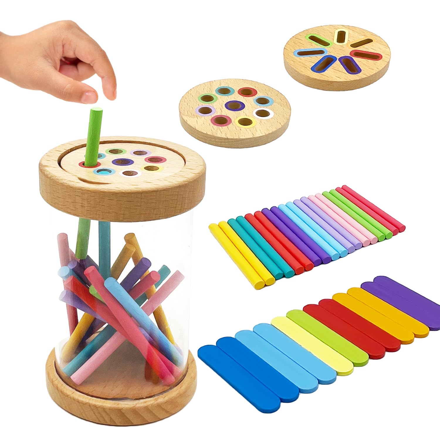Montessori Wooden Stick Color Sorting Toys for 3 Year Old, Dual Play Educational Preschool Learning Fine Motor Skills Sensory Toys for Toddlers 3-5 Girl Boy Birthday Gifts (Acrylic Bucket)