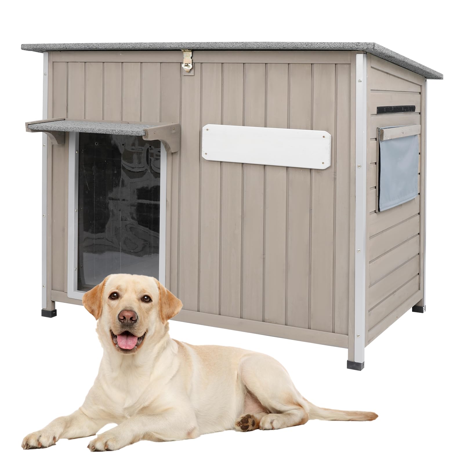 Gowoodhut Dog House Outdoor Weatherproof &amp; Wooden Dog Kennel with Chew-Proof Iron Frame，Removable Floor, Adjustable Vent Window, Easy Assembly for Medium Dogs (43.3" L x 29.5" W x 33.5" H)