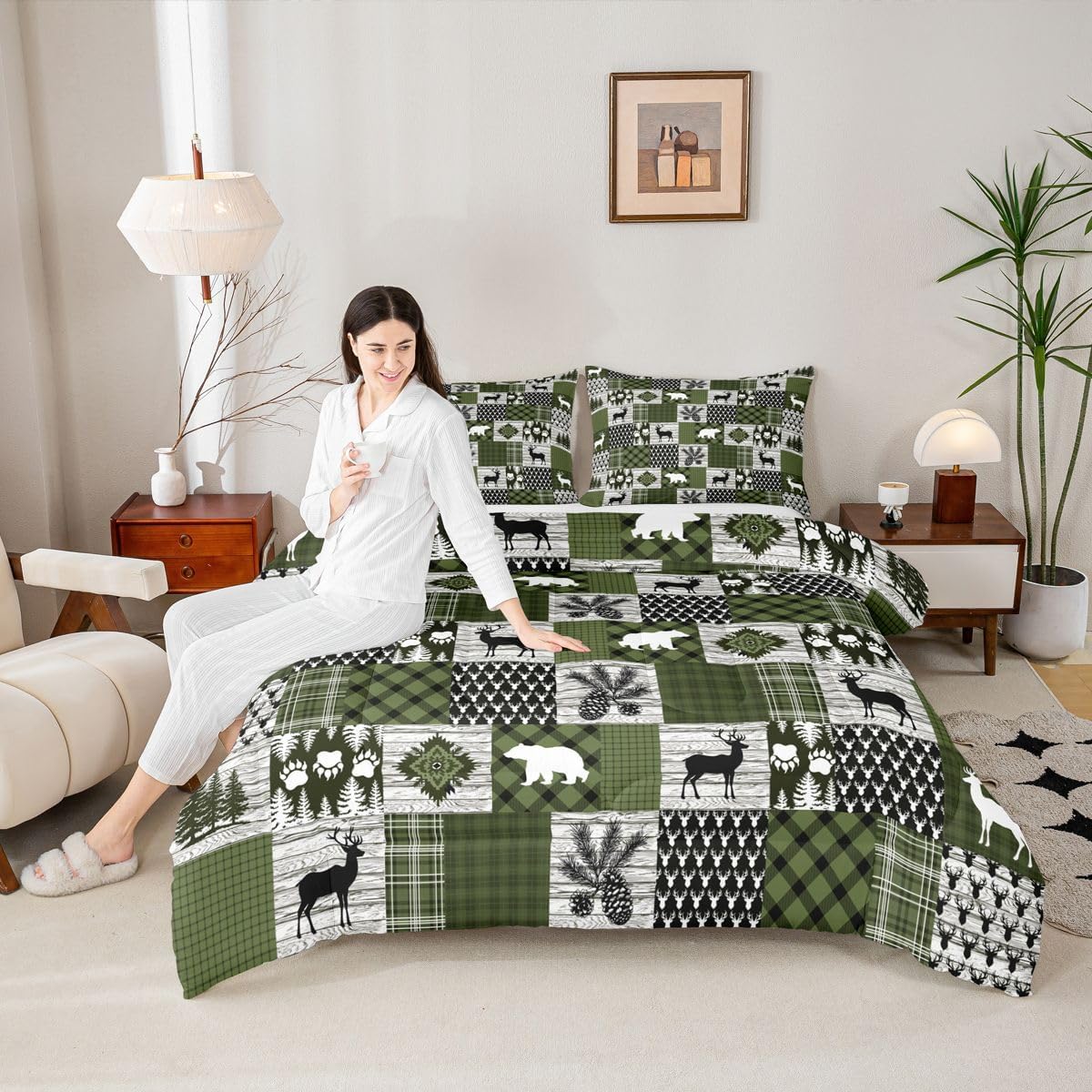 Feelyou Lodge Plaid Comforter Set All Season Bear Deer Bedding Set with 2 Pillow Cases Cabin Farmhouse Rustic Kids Queen Bedclothes Country Bedroom Decor Green Duvet Quilt Breathable Soft Lightweight
