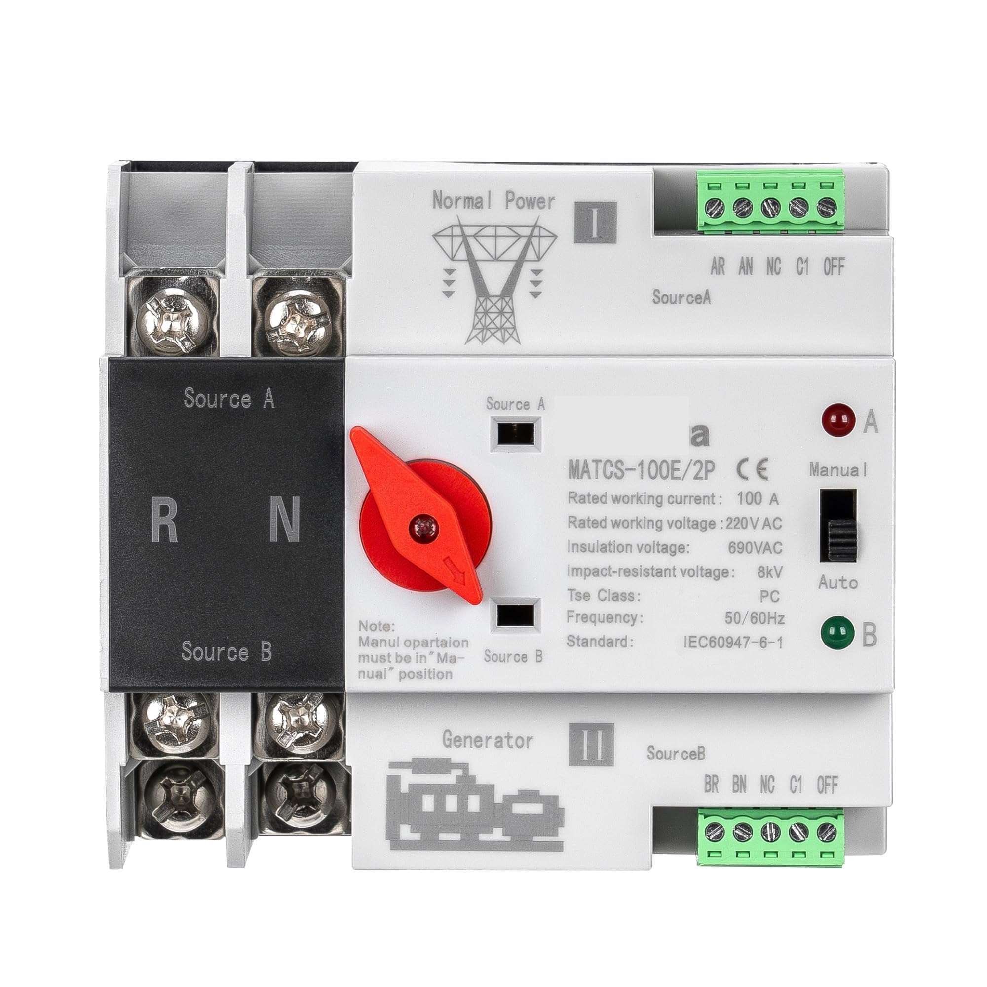 MATCS-100E/2P 100A 220VAC Interruttore di trasferimento automatico a doppia alimentazione Interruttore tipo PC Montaggio su guida