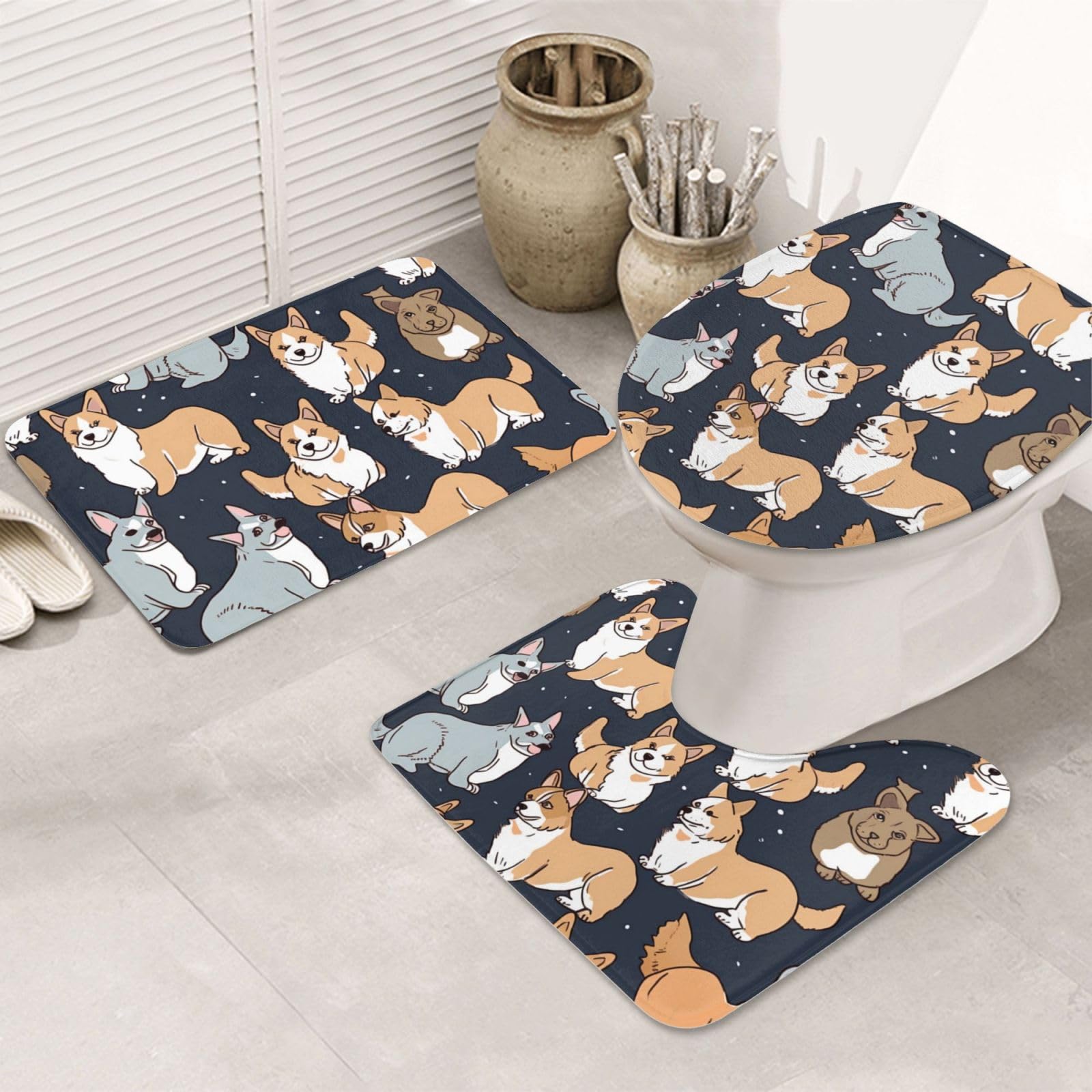 Tapis de bain corgi en flanelle avec contour et housse de WC