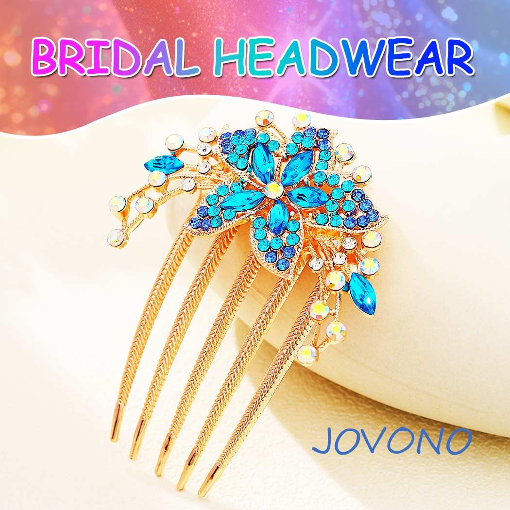 Jovono Rhinestone Bridal Hair Comb Gold Bride Wedding Flower Crystal Headpieces Vintage Hairpins for Women (Blue) - Image 4