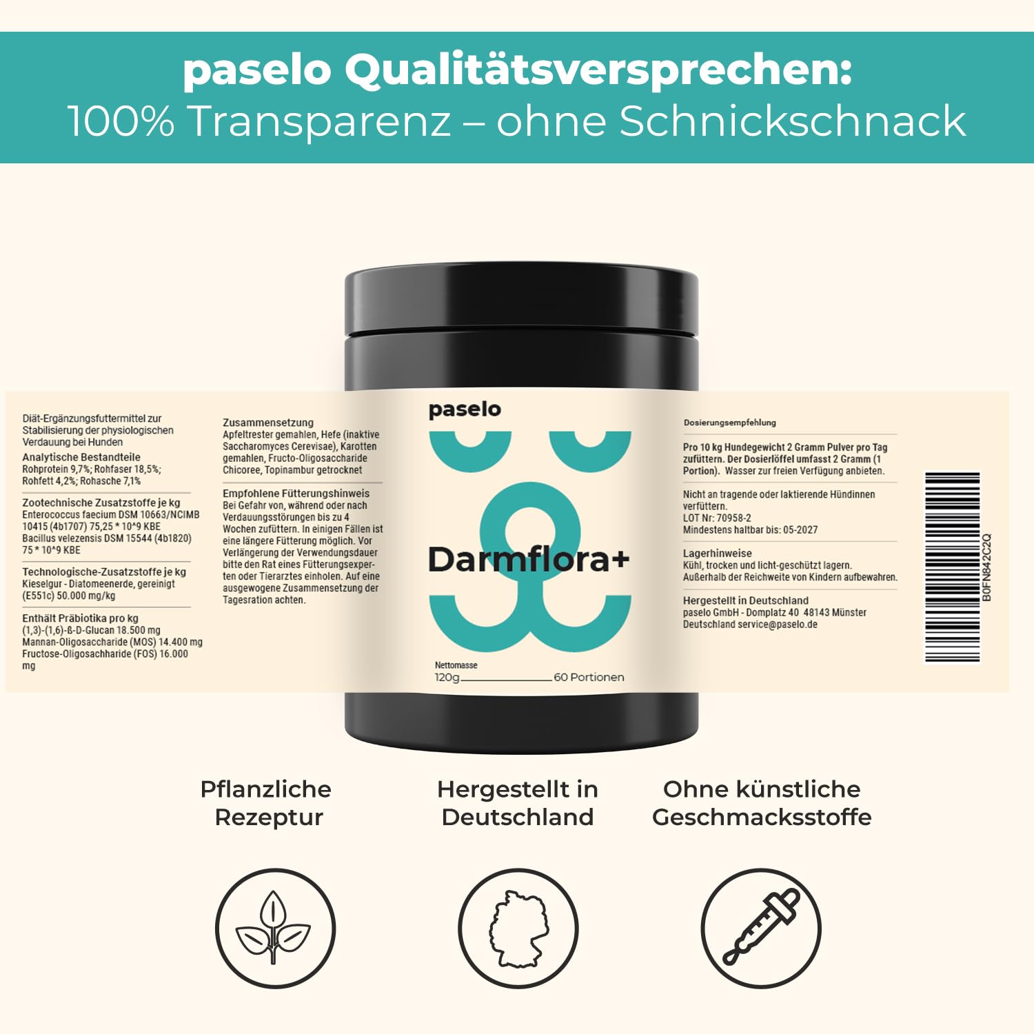 Probiotika Pulver für Hunde – paselo® Darmflora+ unterstützt Verdauung – 2 Stämme Probiotika & Präbiotika – ideal bei Sodbrennen beim Hund, weichem KOT oder Grasfressen