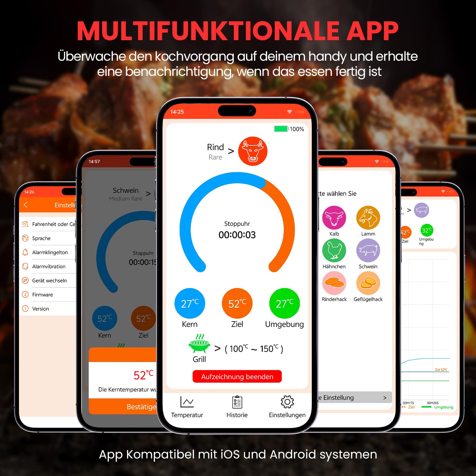 Thermomètre Cuisine Sans Fil Double Capteur avec App 150m Sonde Bluetooth Minuterie Alarme BBQ Grill Fumoir Four Sous Vide