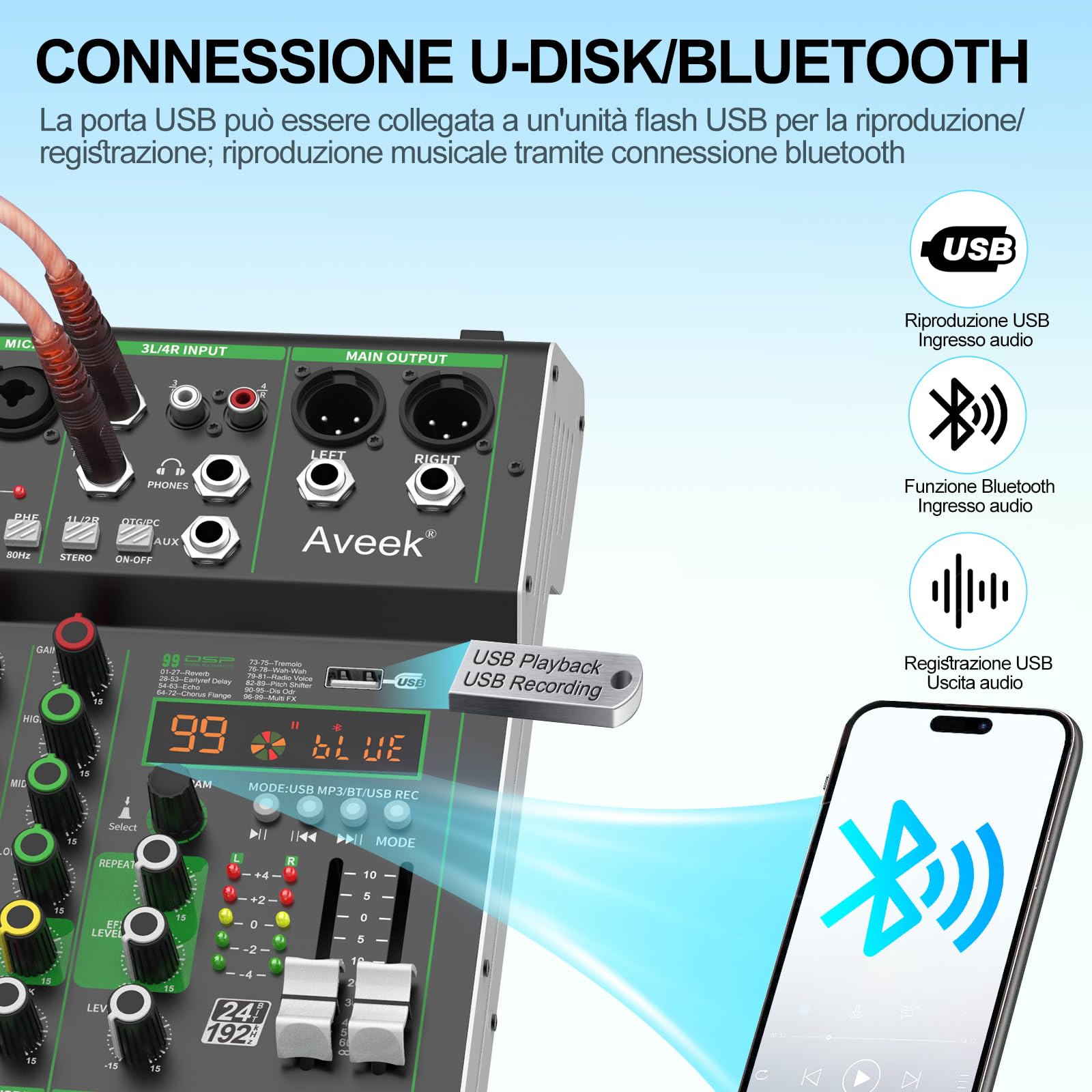 Aveek Mixer Audio, Console di Mixaggio Professionale con Ingresso USB/Bluetooth/Computer/4 Canali Stereo DJ Mixer, 48V Phantom Digital 99 DSP Effect per PC Registrazione Karaoke Studio Streaming