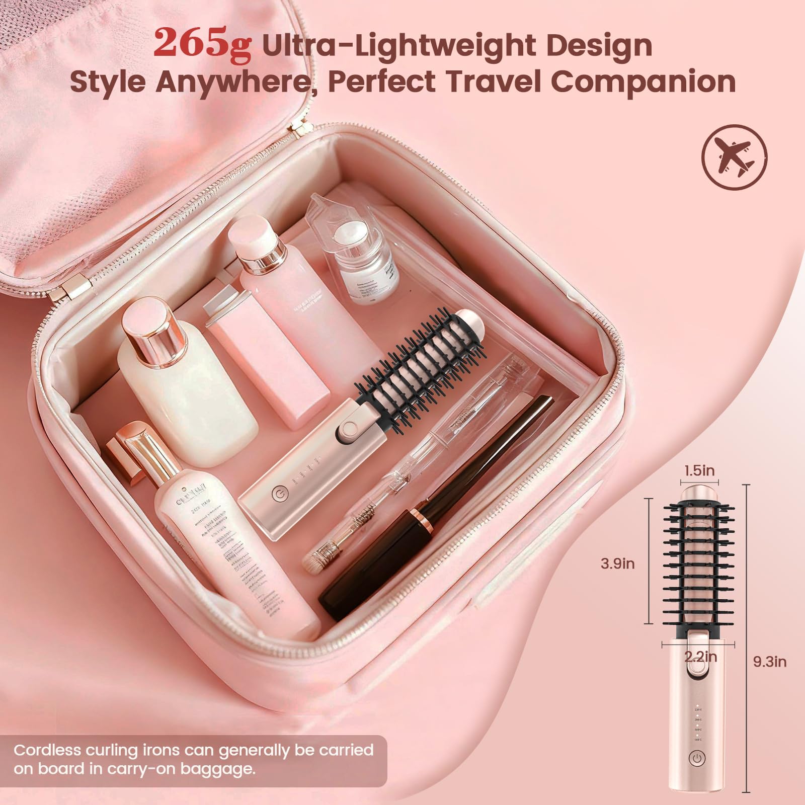 Youbella Cepillo rizador de cabello inalámbrico, rizador de pelo portátil de viaje, mini cepillo redondo calentado de 1.5 pulgadas, varita alisadora recargable por USB 3 en 1 para peinar y alisar, 200