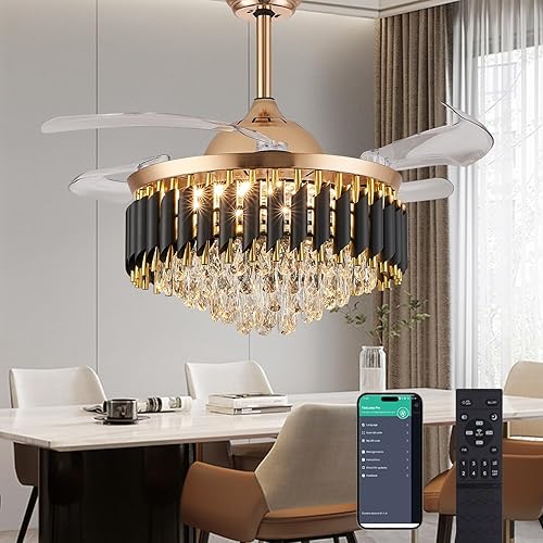 Trssdre Ventilador de techo LED de cristal regulable de 48 pulgadas con luces y control remoto, moderno kit de ventilador de iluminación de techo