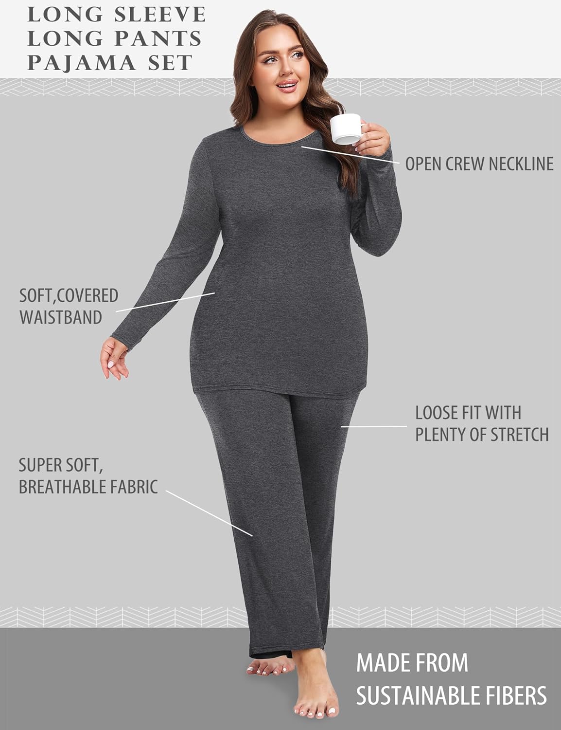 FOREYOND Plus Size Pajama Sets For Women 2 Piece Long Sleeve Crew Neck Lounge Sets Rayon Soft Sleepwear - Image 2