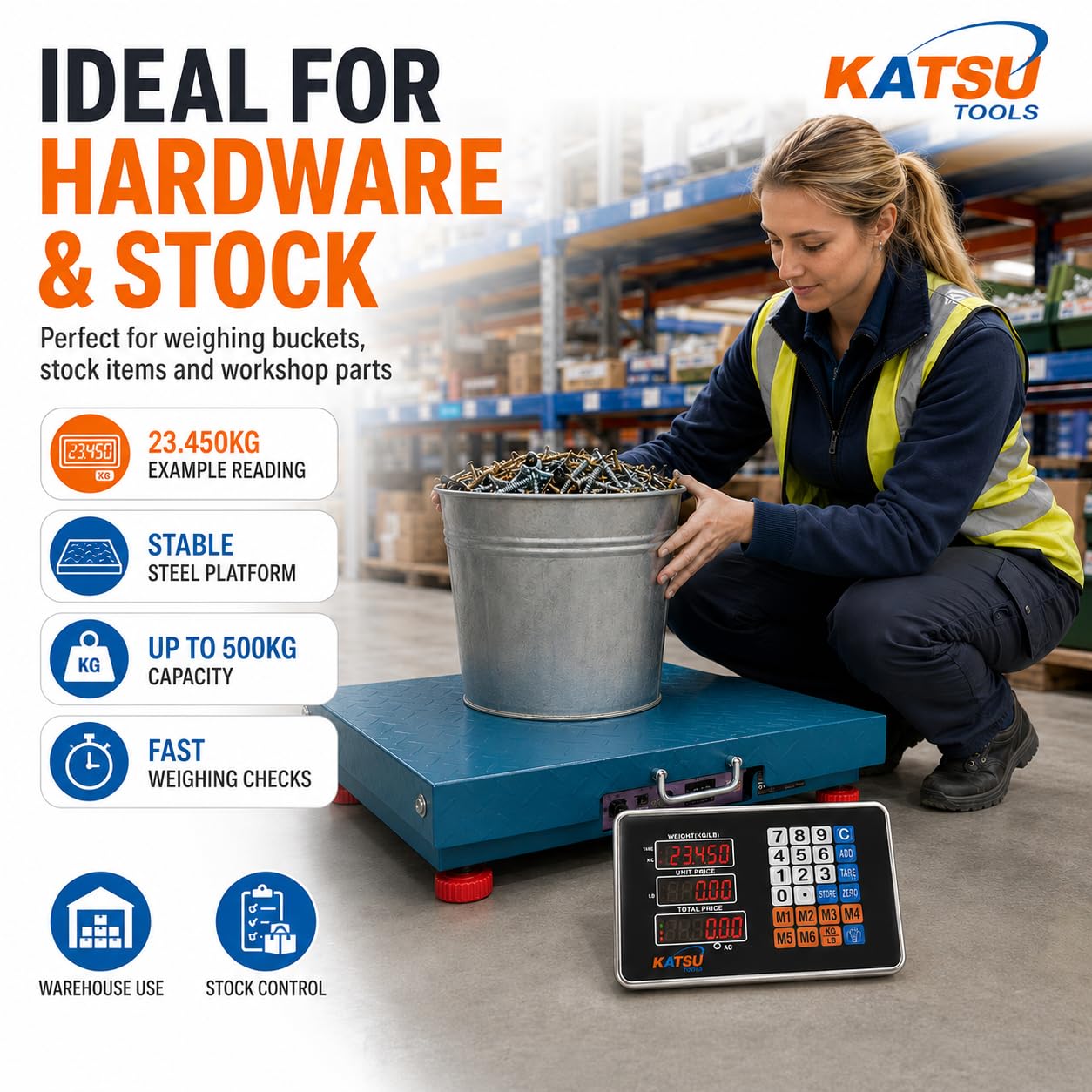 KATSU Industriell Plattformwaage 500kg Elektronische Postwaage LED-Anzeige 50x60cm Rostfrei Stahl