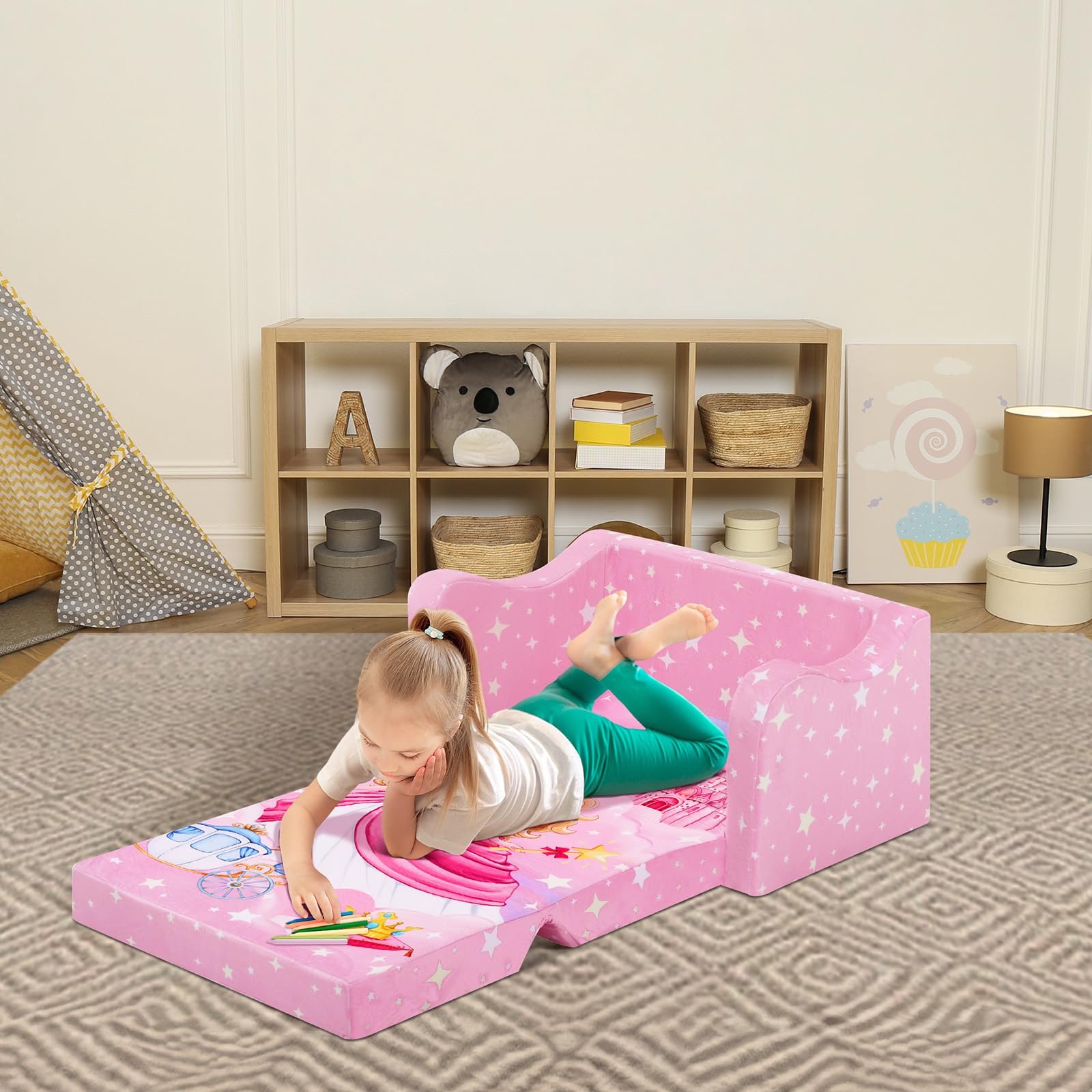 Kindersofa Ausklappbar 2-in-1, Standfester Schlafsofa für Jugend und Mädchen,Weiche Kindercouch für Kuschelecke Leseecke, Rosa Prinzessin