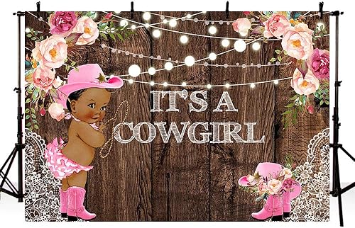 Miniatura 1 de It's a Cowgirl - Telones de fondo para fotografía de madera rústica, encaje rosa, floral, niña, cadena de luces para baby shower, botas rosas,