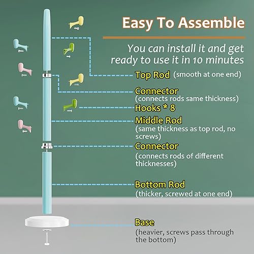 Miniatura 5 de Perchero independiente, 2 percheros de altura ajustable con 8 ganchos de ABS, árbol de abrigo para niños con base redonda resistente, moderno