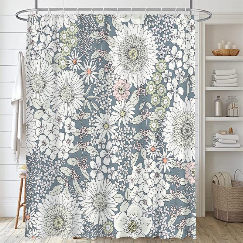 Lofaris Floral Boho Shower Curtain for Bathroom,White and Pink Daisy Gray-Blue Background Densely Packed Flowers Fabric Bathroom Curtain Home Decor Fabric Curtain Set Decor with 12 Hooks 72x72 inches