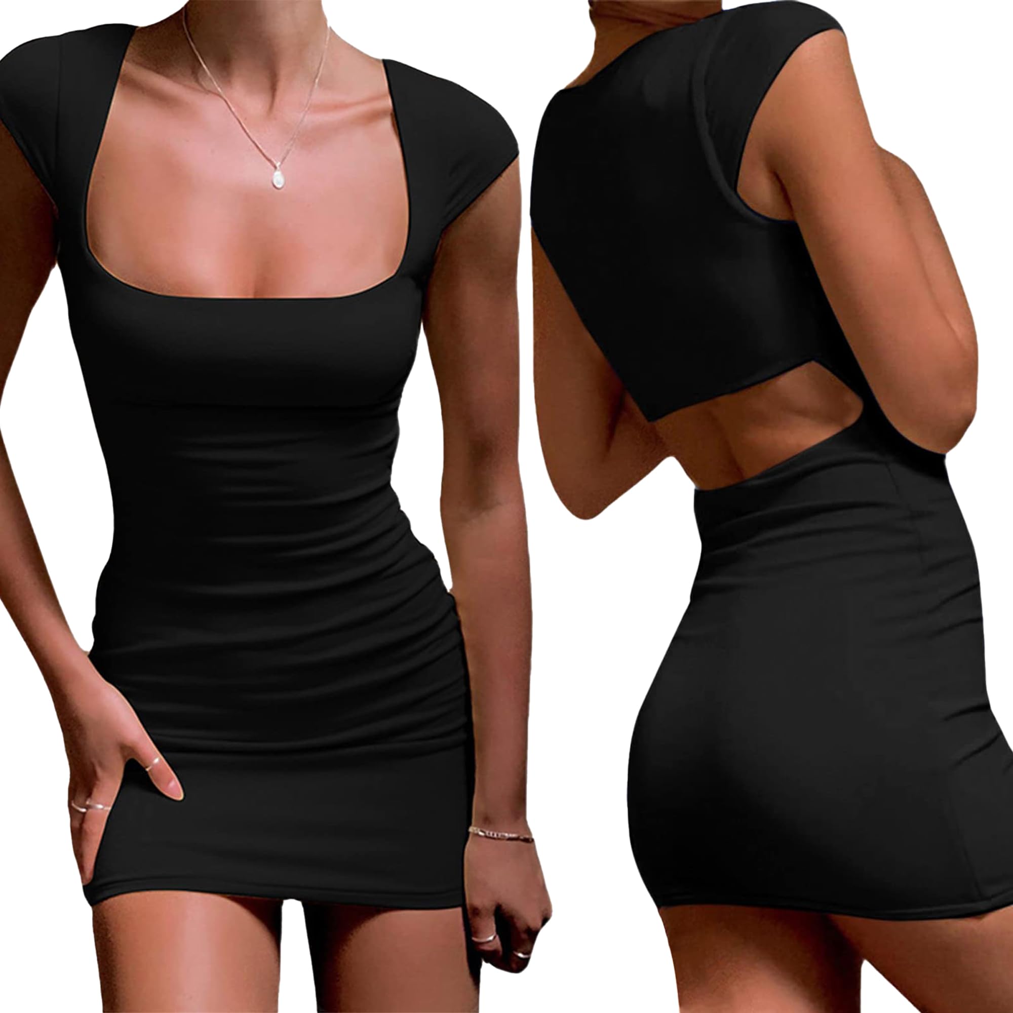 Bcenoilua Vestidos de Verano Mujer Backless Short Sleeve Cuadrado Cuello Sexy Mini Elegante Color Sólido Slim Fit Dress Clubwear Femenino para Fiesta Club Bar Noche Bodycon