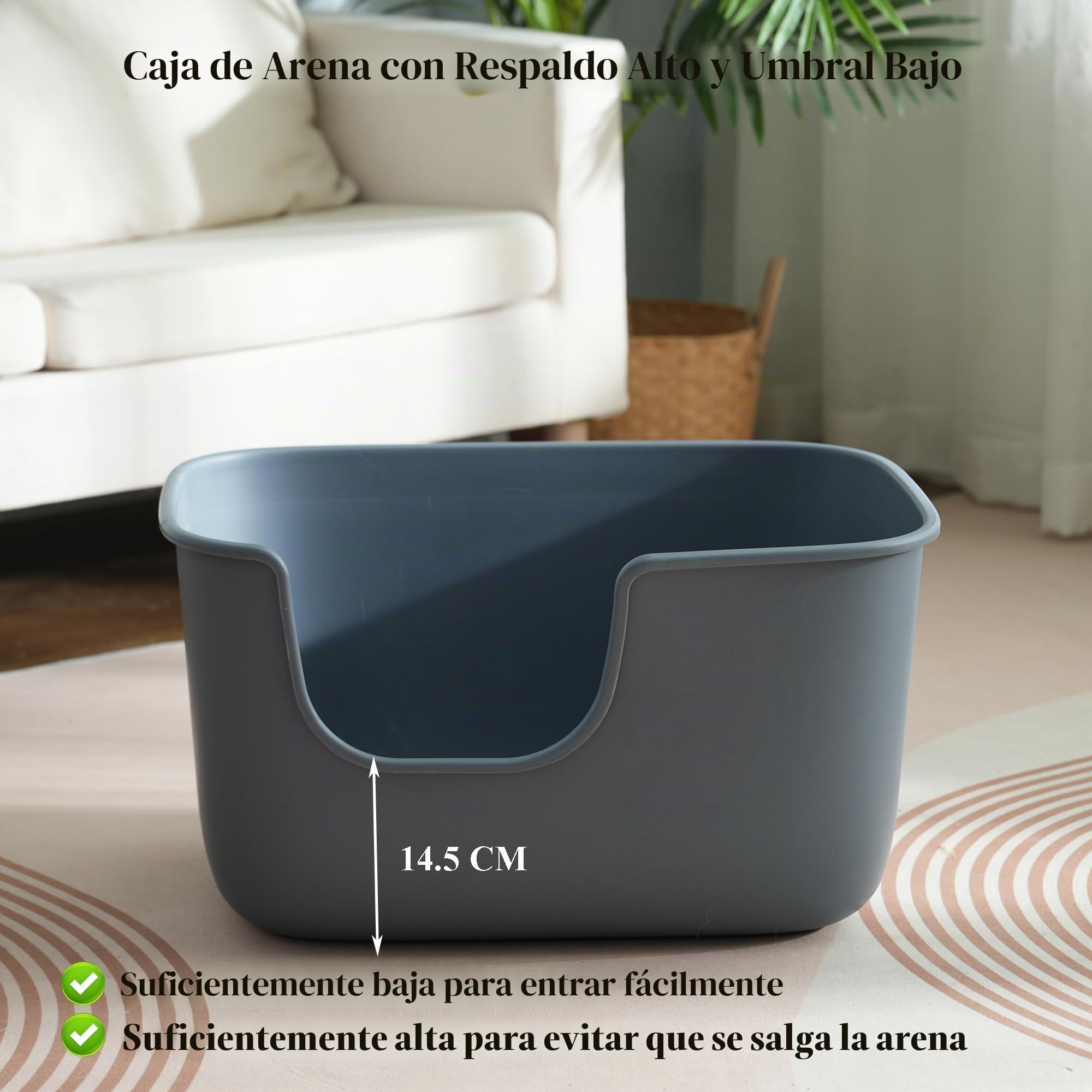 Vealind Caja de arena grande de cara alta para gatos de interior de 22.2 x 14.9 x 12 pulgadas de alto, cajas de arena con respaldo alto y pared profunda XL (gris)