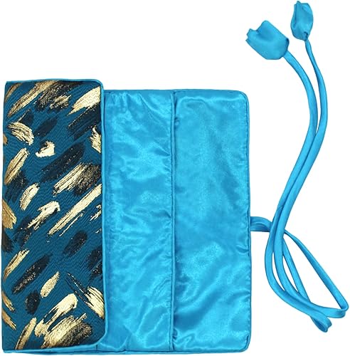 Miniatura 4 de Wei Long Rollo de joyería, bolsa de rollo de joyería de viaje, bolsa organizadora de joyas de brocado bordado de seda con cierre de corbata, (rayas,