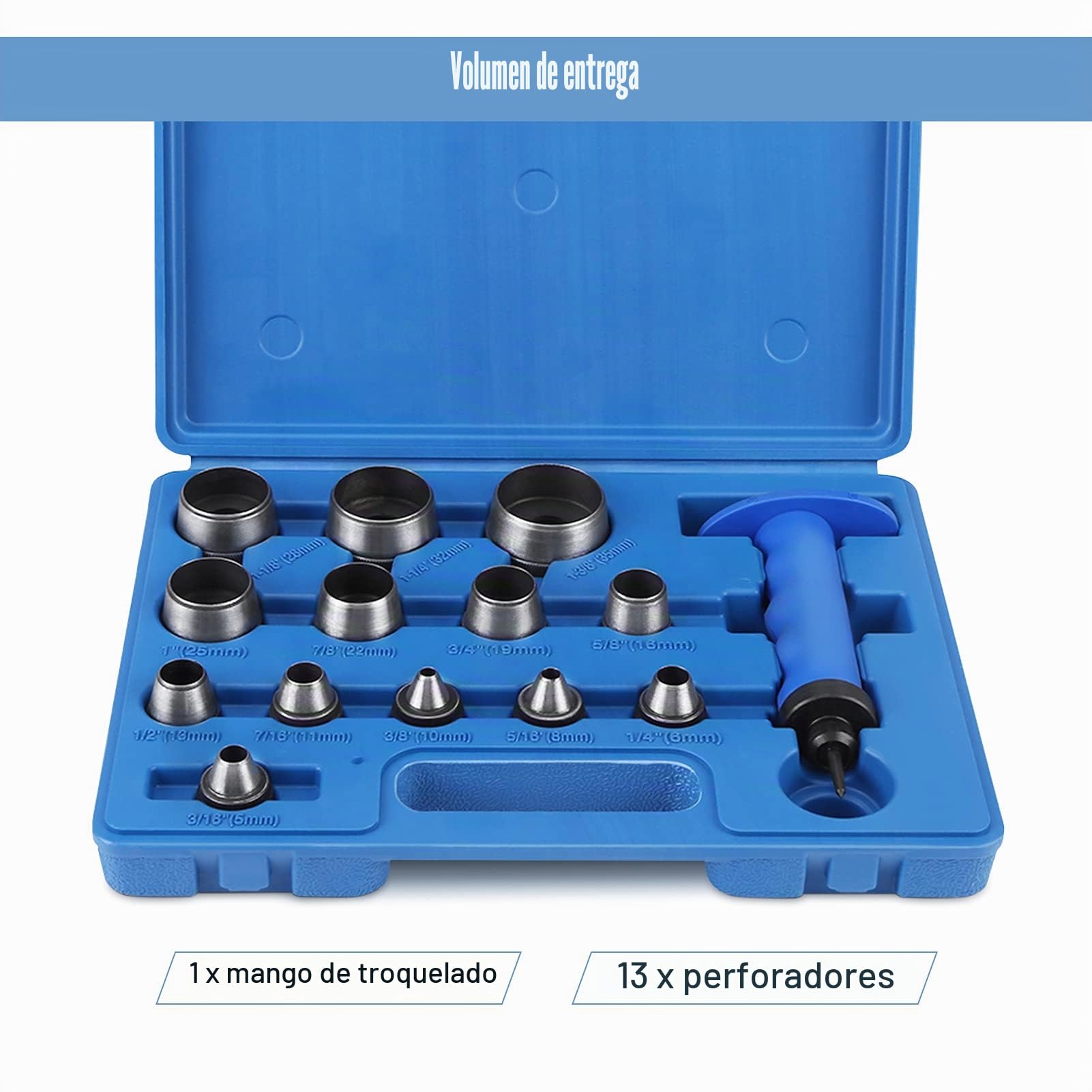 Sacabocados Juego de perforación hueco de 13 piezas , herramienta de perforación de cinturón de cuero resistente, perforadora de cuero, perforadora de procesamiento de cuero, perforadora de cinturón