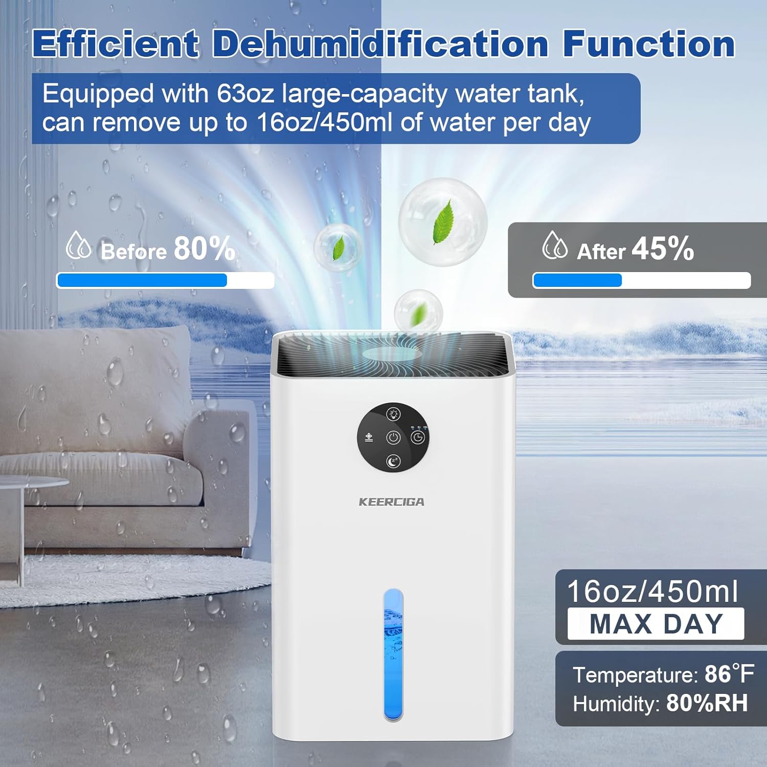 Graphic illustrating dehumidification efficiency, showing humidity reduction from 80% to 45% with 16oz/450ml water removal per day.