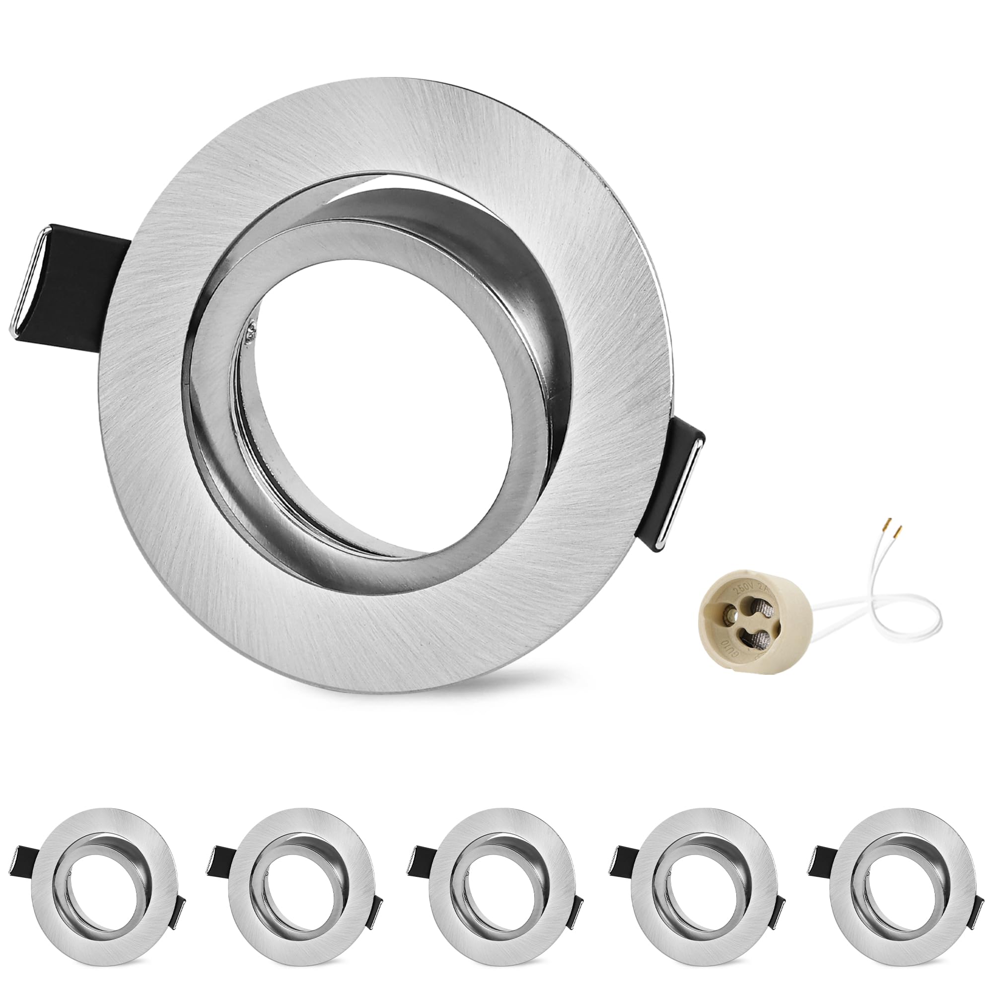 GeyouLux 6er Einbaustrahler Rahmen GU10 Aluminium Schwenkbar Nickel Einbauspots Einbauleuchten Spot Rund Lochdurchmesser 68-75mm Decken Einbaustrahler für Halogen MR16, inkl. GU10 Fassung für 230V