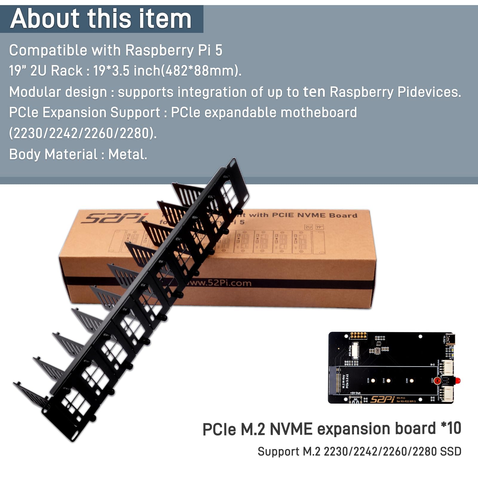 GeeekPi 19 Zoll 2U Rack-Halterung für Raspberry Pi 5, mit 10pcs PCIe auf M.2 NVMe SSD Adaptern, hält bis zu 10 Raspberry Pi 5 Boards, kompatibel mit 19 Zoll Server Rack