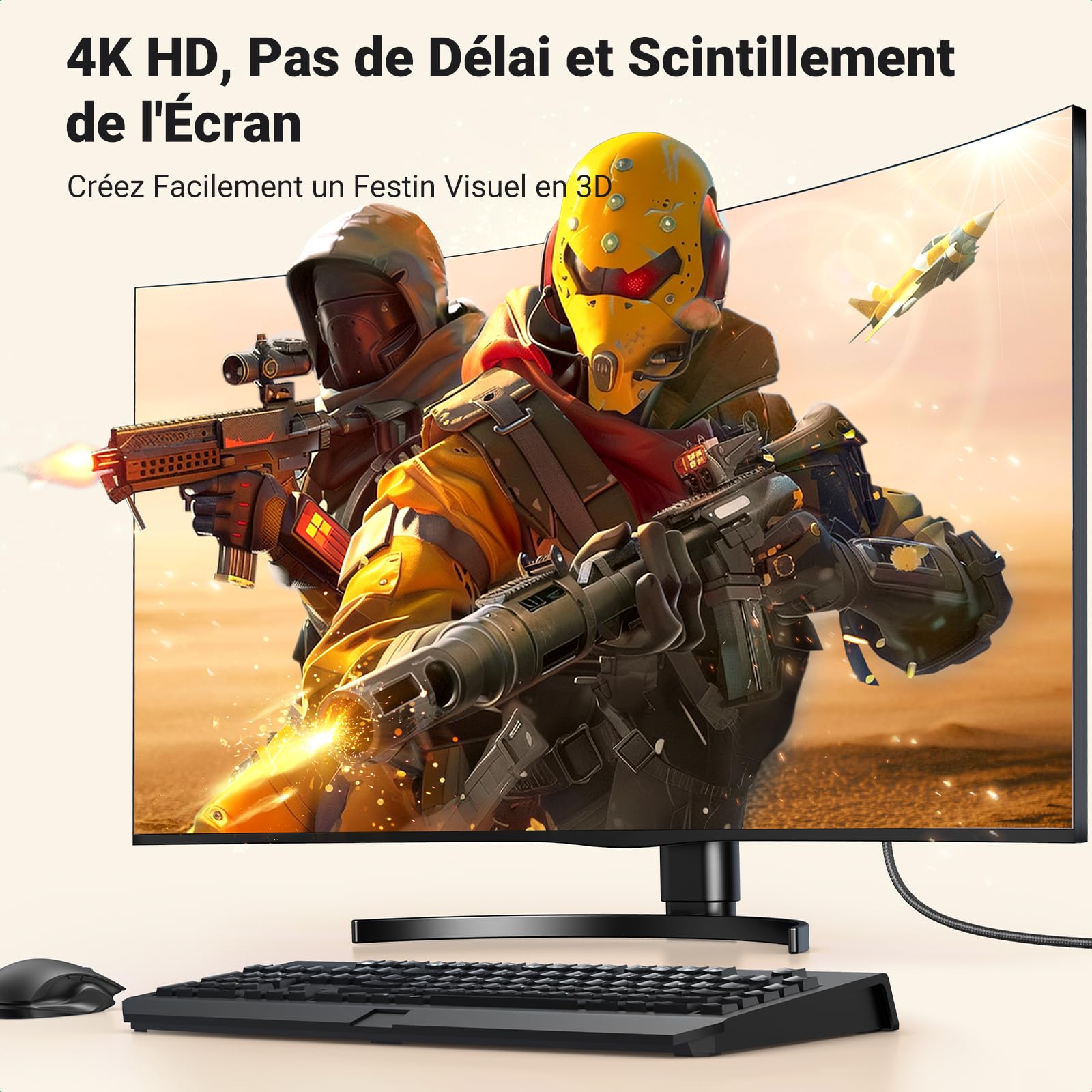 UGREEN Câble DisplayPort vers HDMI 4K 30Hz 2K 60Hz 1080P 120Hz 1.4 10.2 Gbps HDR HDCP Nylon Tressé 2M