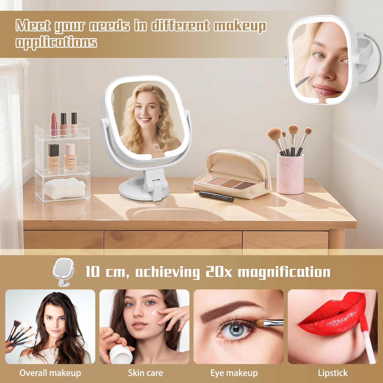 30X Magnifying Makeup Mirror with Light, Dual-Sided Rechargeable Vanity Mirror