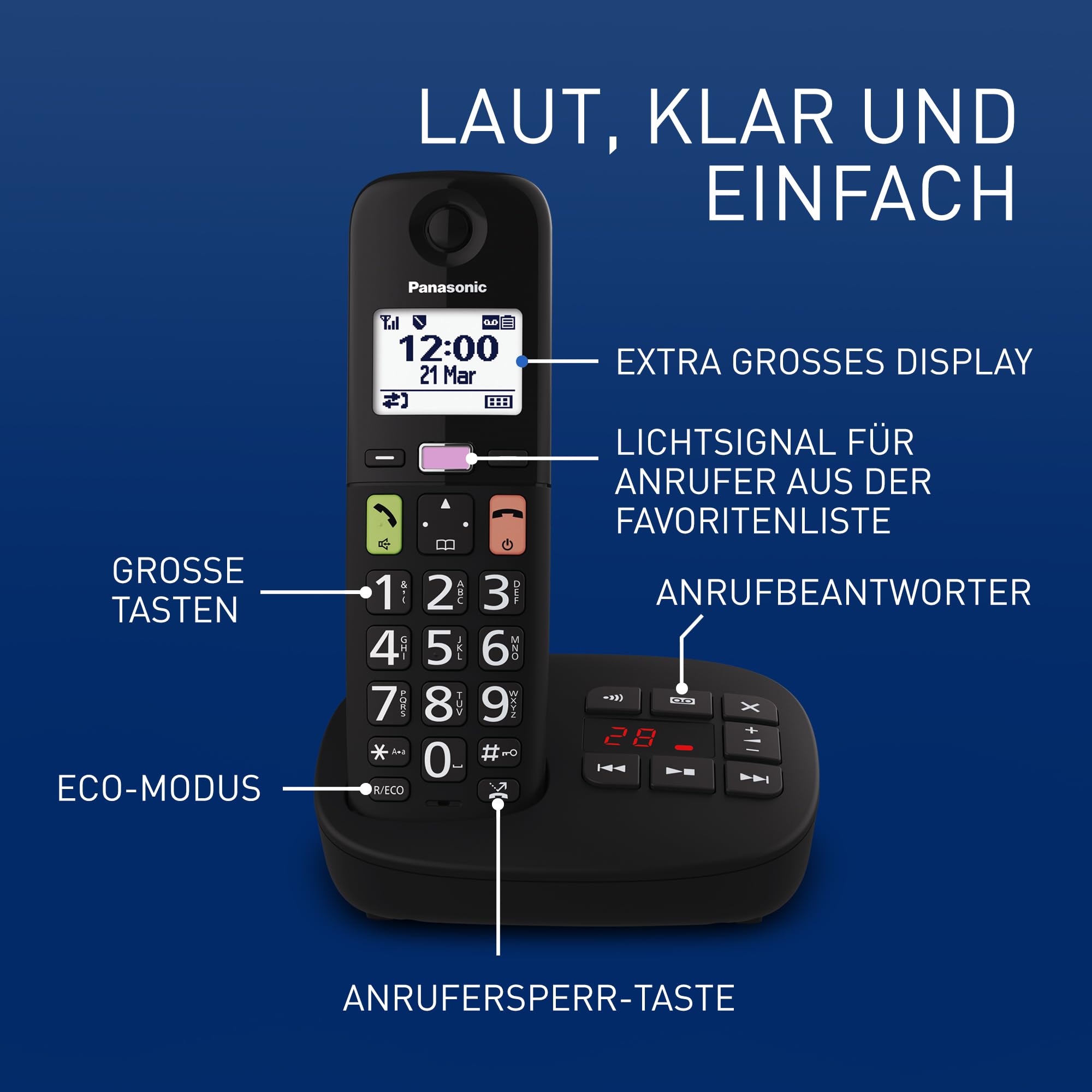 Panasonic KX-TGU130EXB digitales schnurloses Telefon mit Anrufbeantworter, Basisstation & 1 Mobilteil, LCD-Display, große Tasten, Schwarz