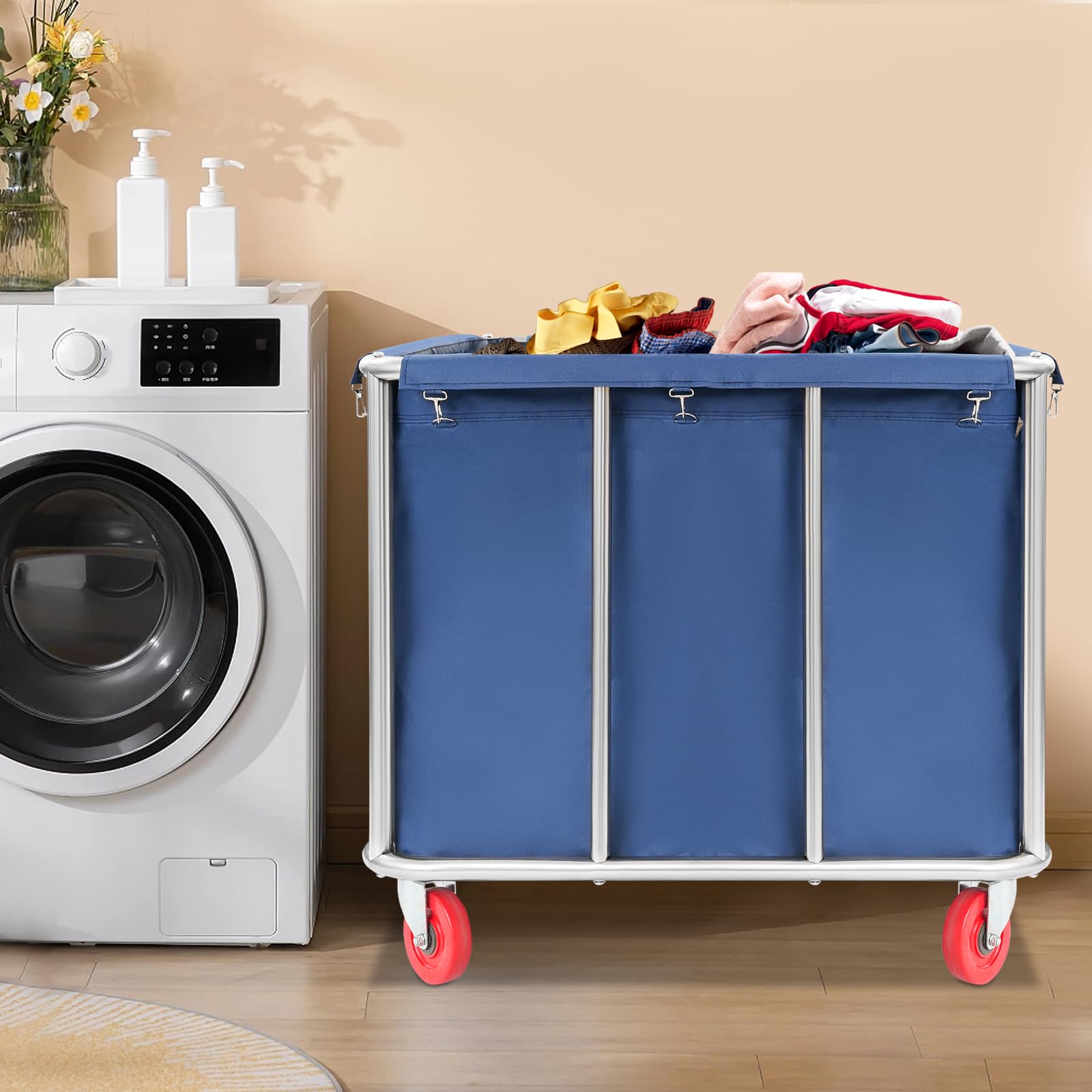 Carrito de lavandería comercial grande de acero inoxidable con ruedas 90x65x80cm (azul) | Cesto grande para la colada con ruedas 400L 260 Lbs 35 x 25 x 31 pulgadas - Ideal para hoteles, lavandería, almacén hospital
