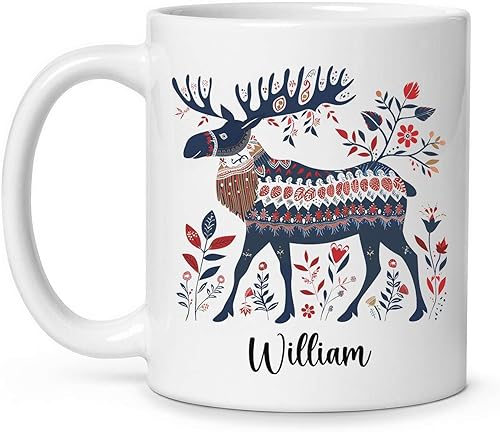 Miniatura 14 de Taza de café escandinava vintage, arte floral nórdico con ciervos, taza de café personalizada con nombre para amantes del arte popular, regalo para