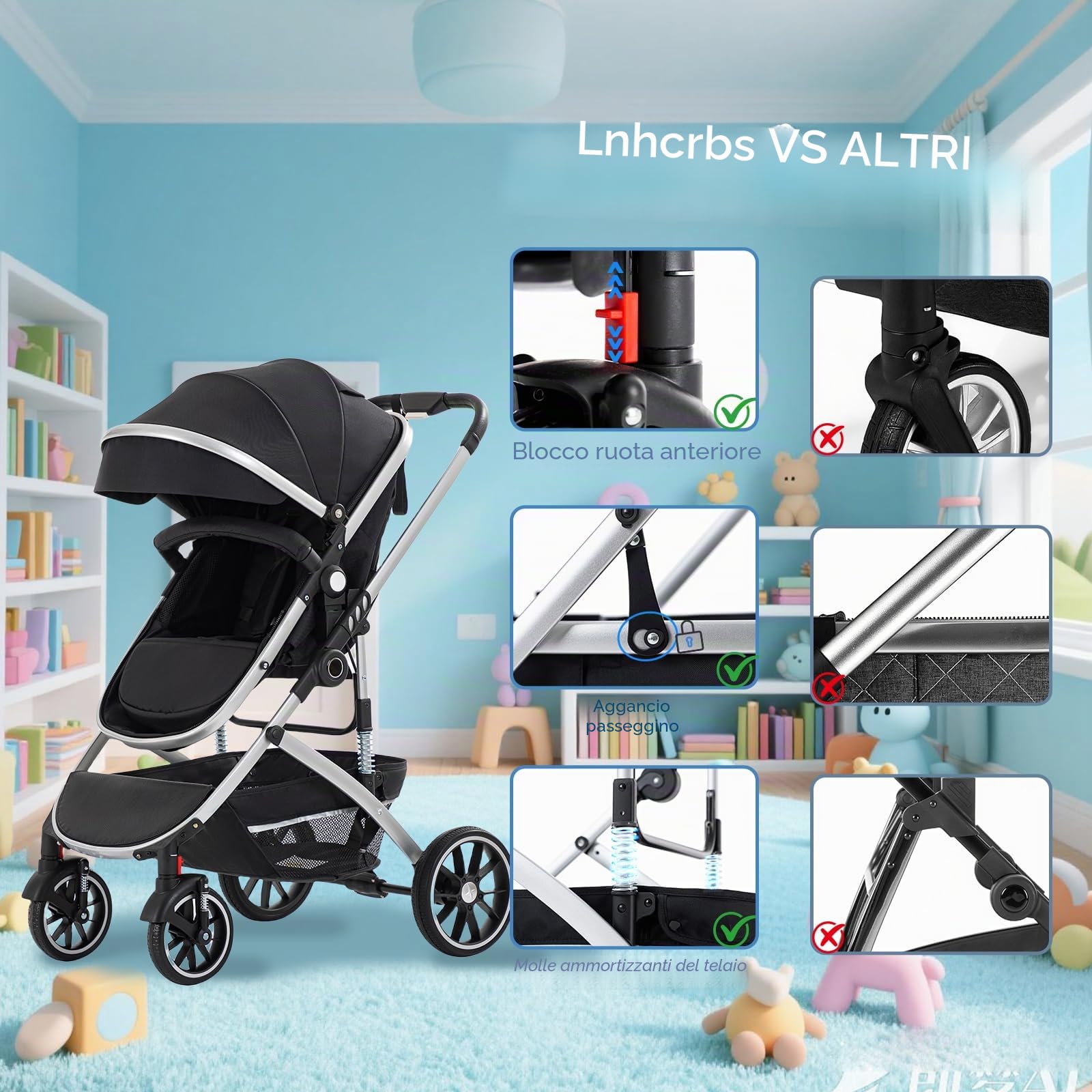 Passeggino 3 in 1,Passeggino Pieghevole Rapido con Un Solo Clic,Passeggino Reversibile Alto con Cesta per la Nanna Allargata,Pushchair Reversibile è Bloccabile Sulle Ruote Anteriori(Nero)
