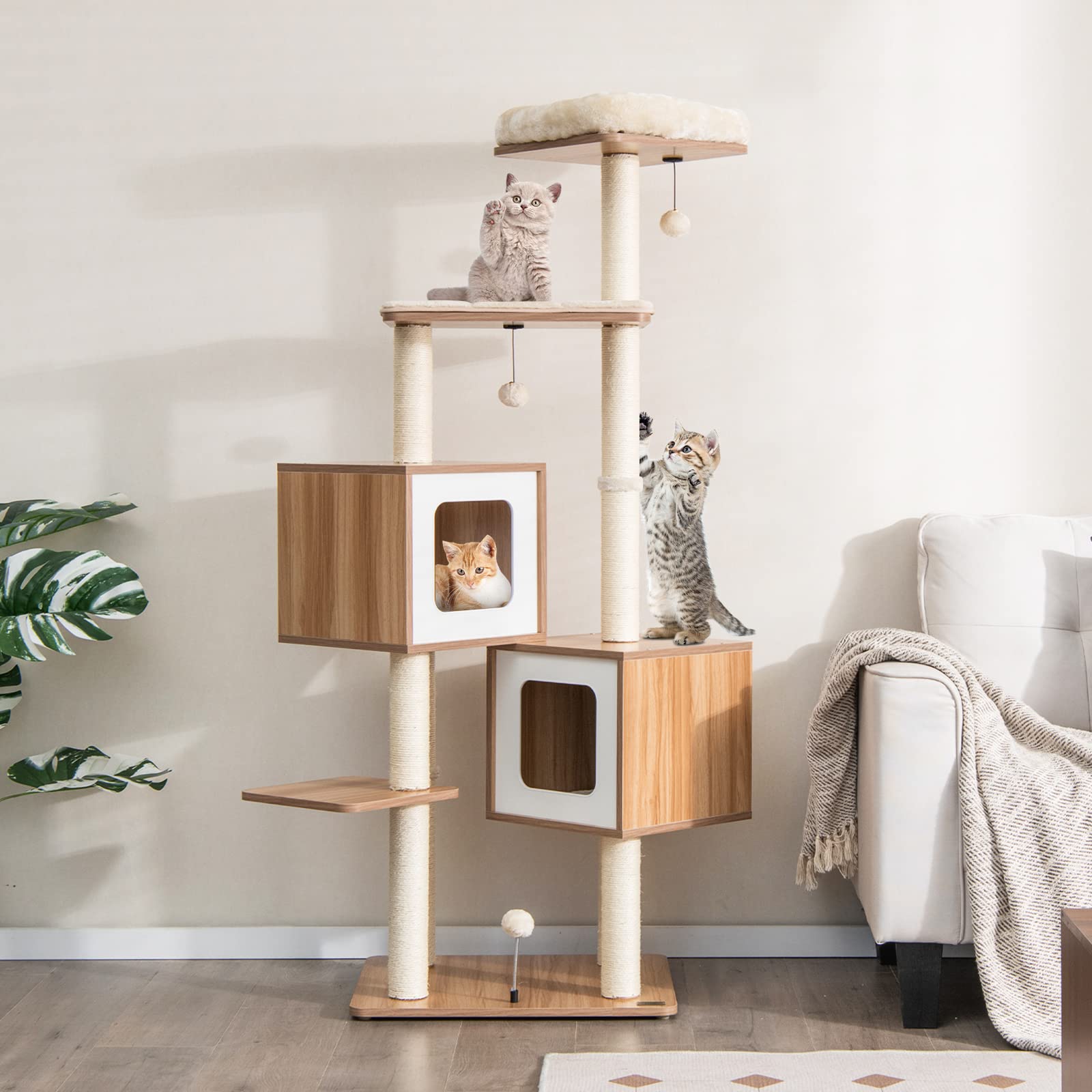 GOPLUS Árbol para Gatos de Varias Capas de 163 cm, Torre de Actividades para Gatos Escaladores en Interiores con Postes para Rascar, Plataforma Acolchada, 2 Condominios, 3 Bolas