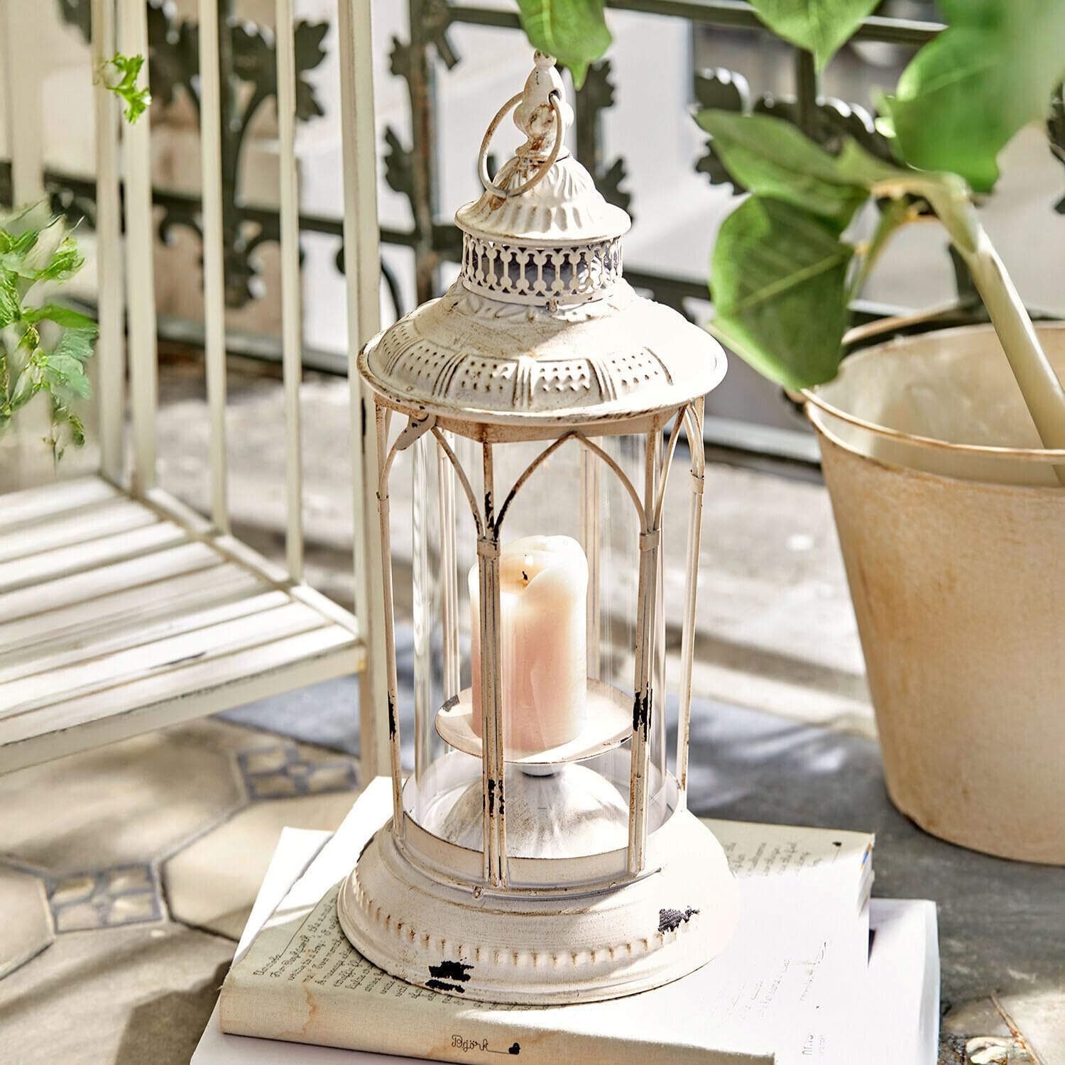 Loberon Laterne Lanao, kunstvoller Vintage-Look, für Teelichter oder, Stumpenkerzen, Antik-Finish, Outdoor Geeignet, Eisen, Creme
