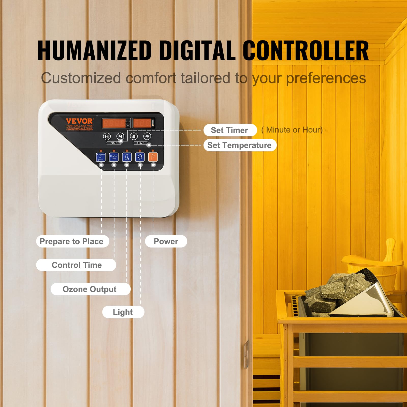 VEVOR Calentador de Sauna Eléctrico Portátil 8kW 400V 3N con Temporizador de 3 Horas Controlador Digital 110°C Máx para Sauna de 8-12 m³ Ducha de Spa de Hotel Uso Comercial, Piedras No Incluidas