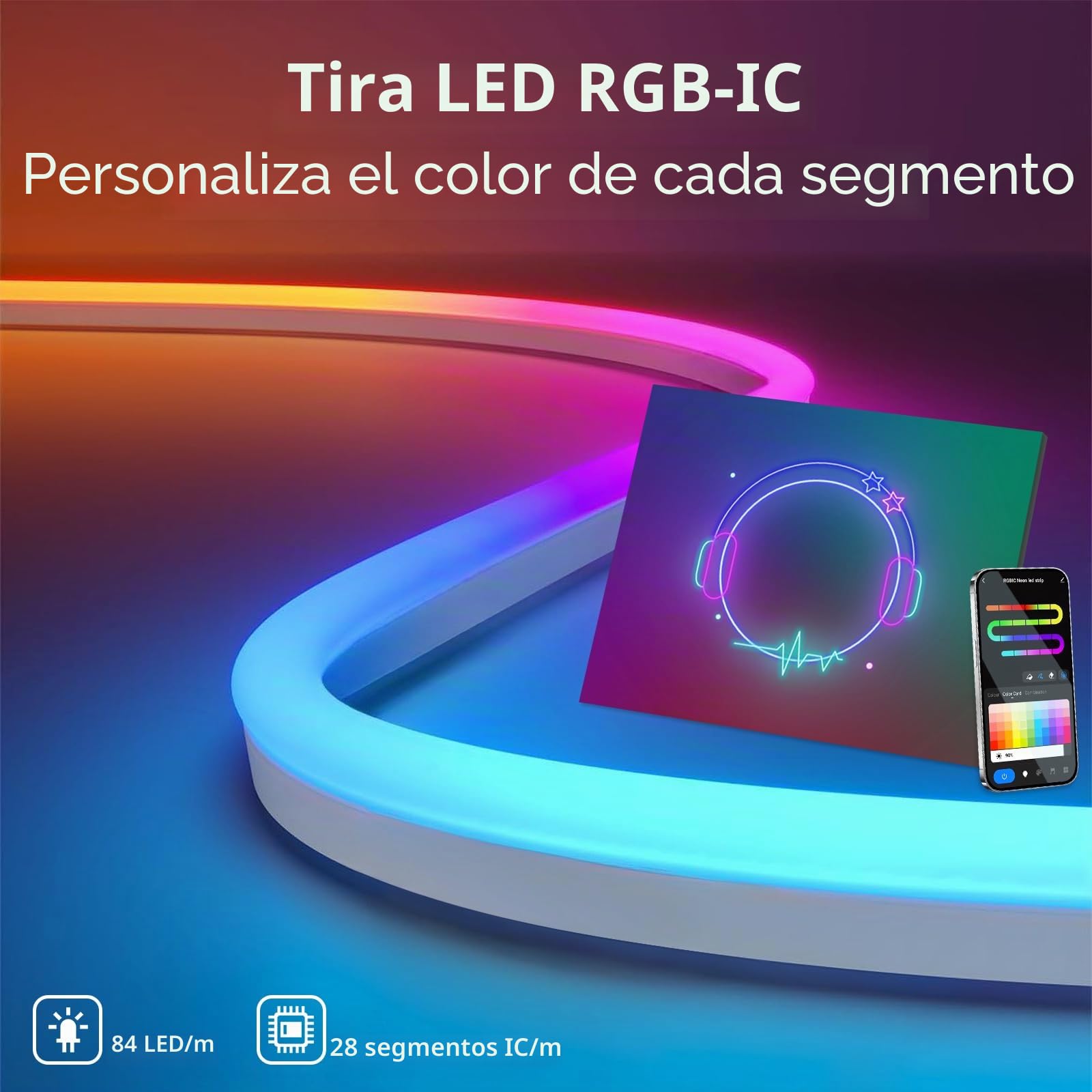 Tira LED Neón RGB IC, Manguera LED Bluetooth 5V para Pared, Tira de Luz Exterior, Control por App, Sincronización Musical, Ideal para Decoración de Sala de Juegos (10m RGBIC Bluetooth)