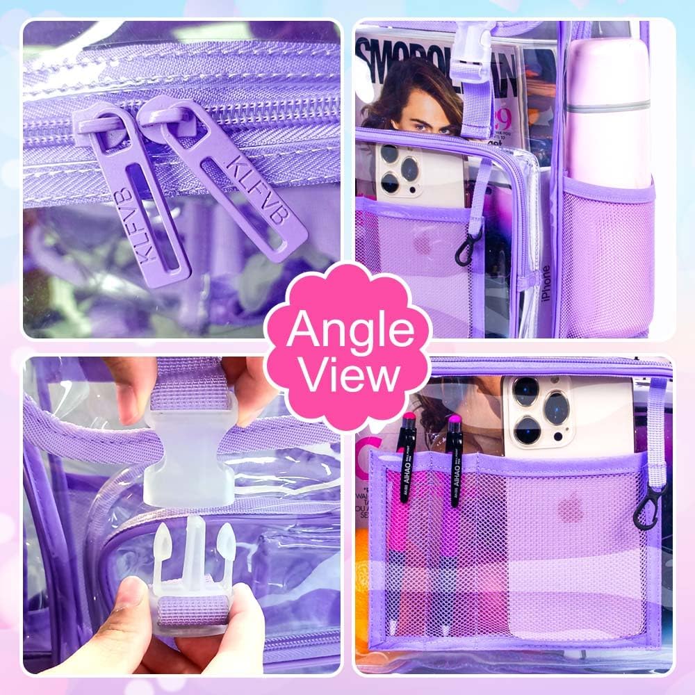 17" Flip Top Clear Backpack for Girls, 3Pcs Stadium Approved Set, Heavy Duty Transparent Bookbag for Gym/School (Purple) - Image 4