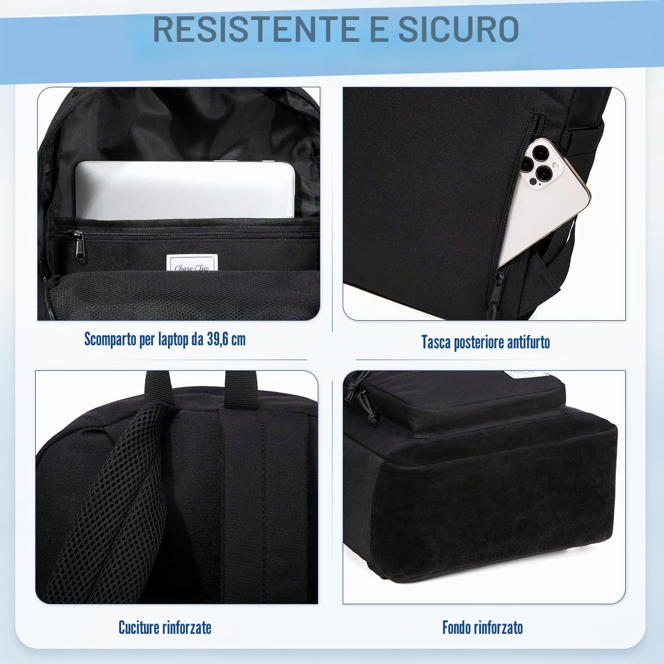 Chase Chic Zaino Uomo Donna, 15,6 Pollici Zainetto Scuola Leggero Zaini Porta Pc Grande Backpack per Università Media Lavoro