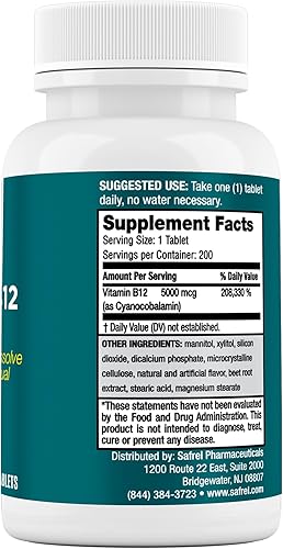 Miniatura 3 de Safrel Tabletas sublinguales de vitamina B12, 5000 MCG, sabor a cereza roja, apoyo energético, 200 unidades