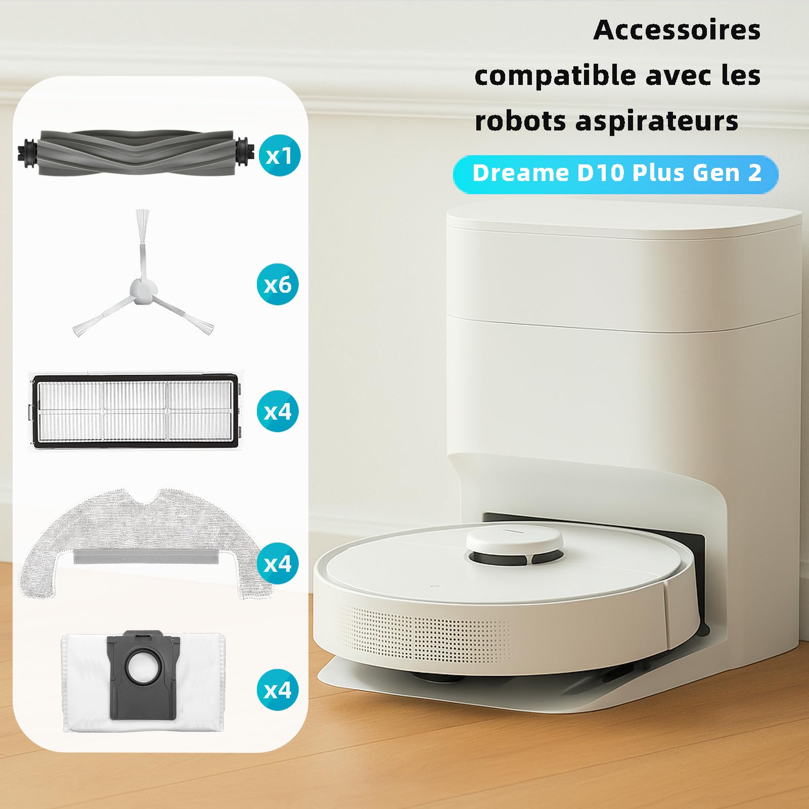 Kit Accessori di Ricambi per Dreame D10 Plus Gen 2 Robot Aspirapolvere, 1 Spazzola Principale, 6 Spazzole Laterali, 4 Filtro Hepa, 4 Panni Mop, 4 Sacchetti