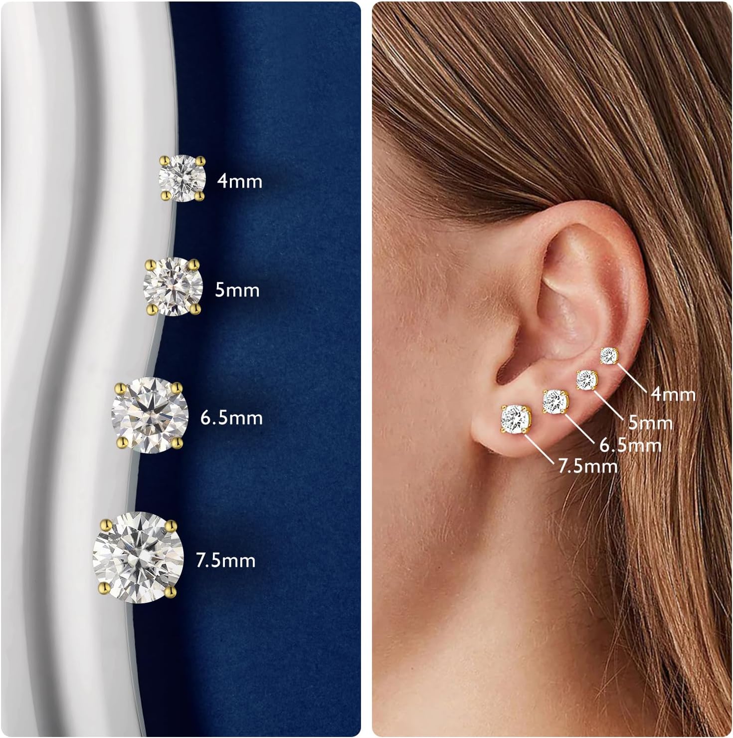 Moissanite Stud Earrings for Women Men D Color VVS1 Clarity Round Cut Lab Created Diamond 925 Sterling Silver 18K White Gold Plated Jewelry - Image 3
