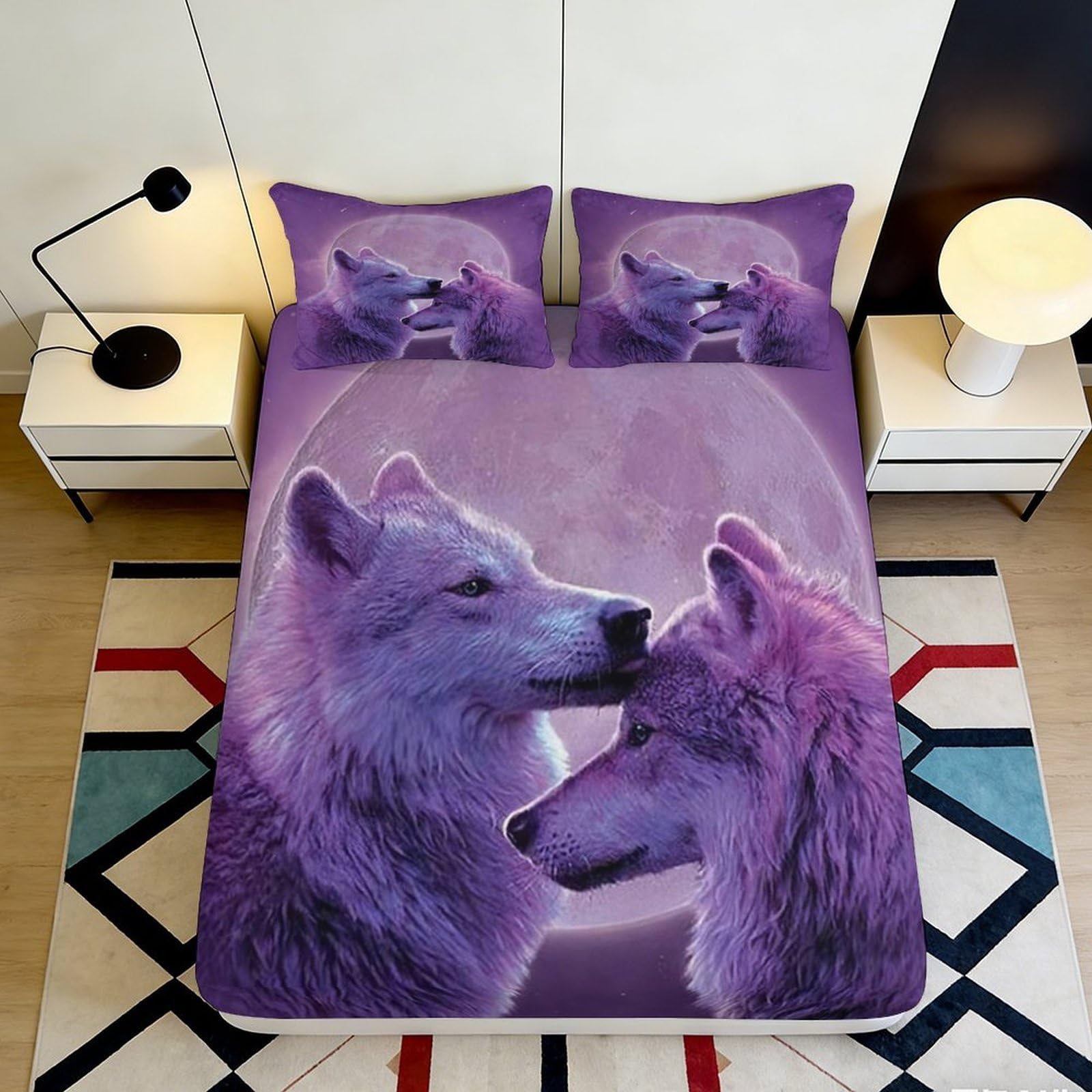 3D Printed Purple Wolf Fitted Sheet Microfiber Anti-Slip Bed Cover for Bedroom Decor Machine Washable 90x200x25cm