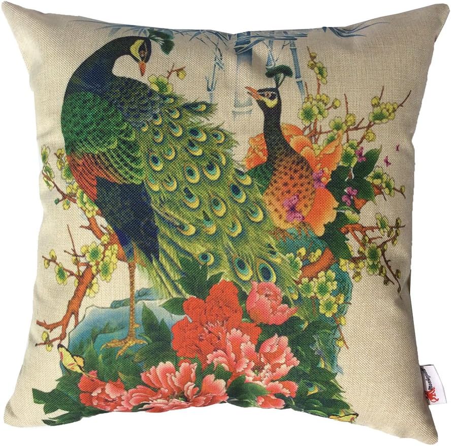 Monkeysell Peacock Pattern Vintage Cotton Linen Square Throw Pillow Case Decorative Cushion Cover Pillowcase Cushion Case for Sofa,Bed,Chair18 X 18 Inch (S018H4)