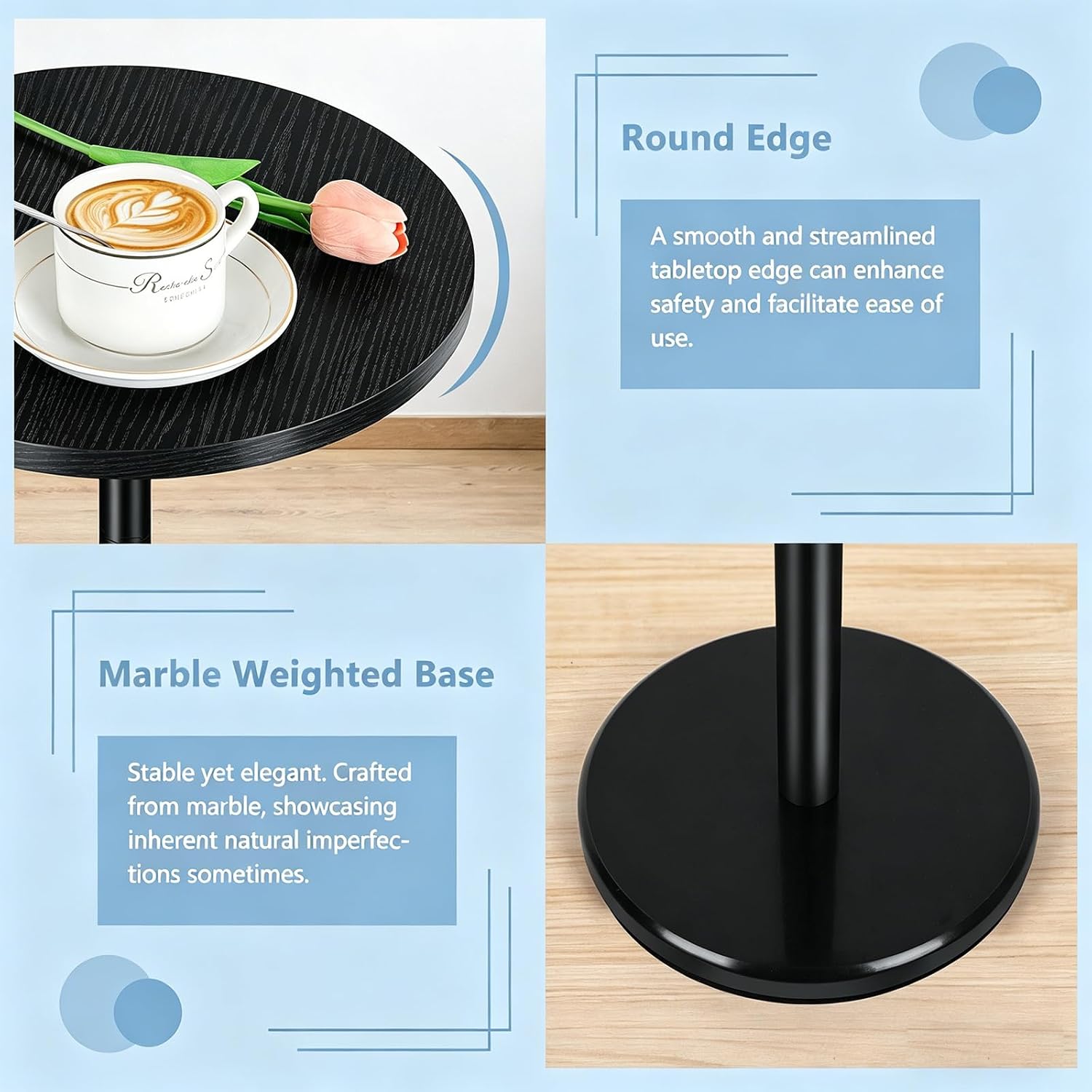 Round Side Table Small Drink Table with Weighted Marble Base, Black