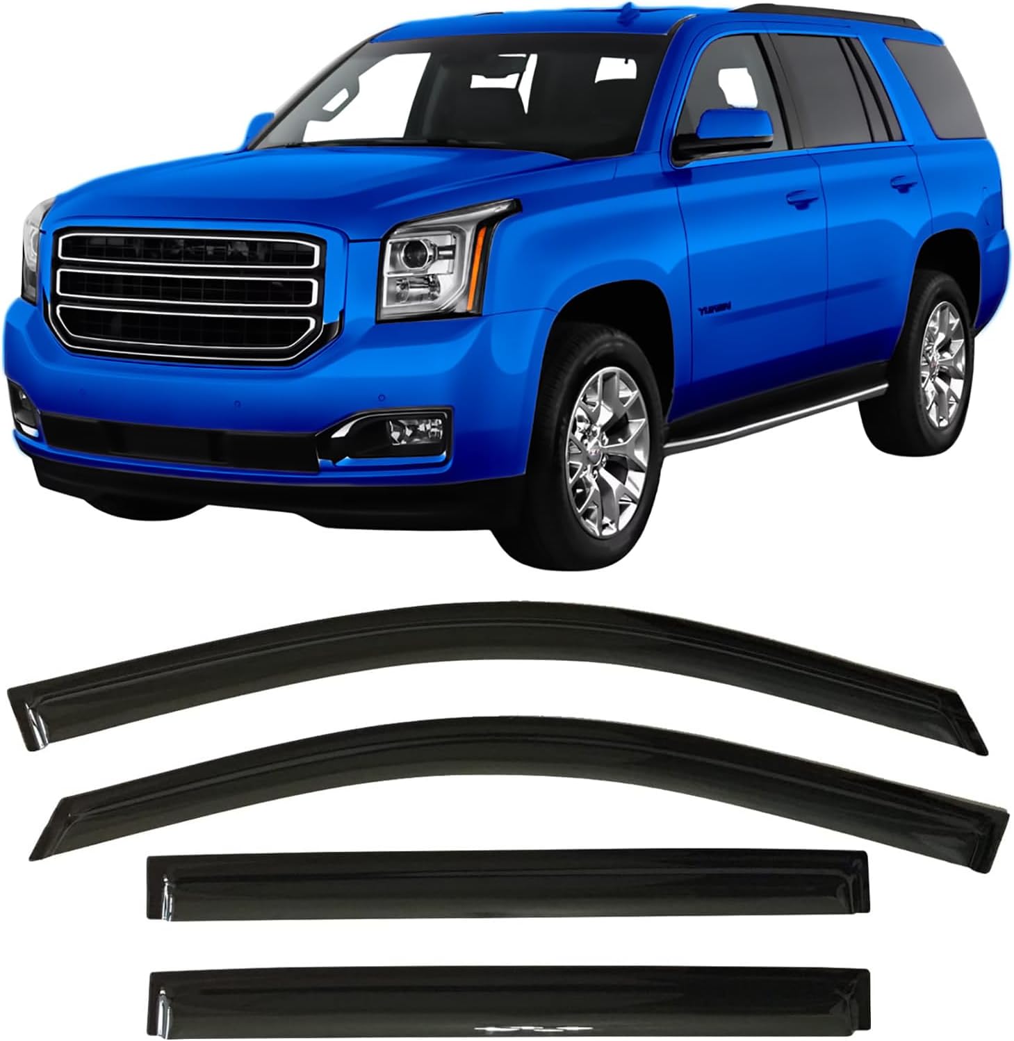 2015-2020 Tape-On Side Window Visor Deflectors for Chevrolet Chevy Tahoe & for GMC Yukon Smoke Tinted Rain Guards 2016 2017 2018 2019